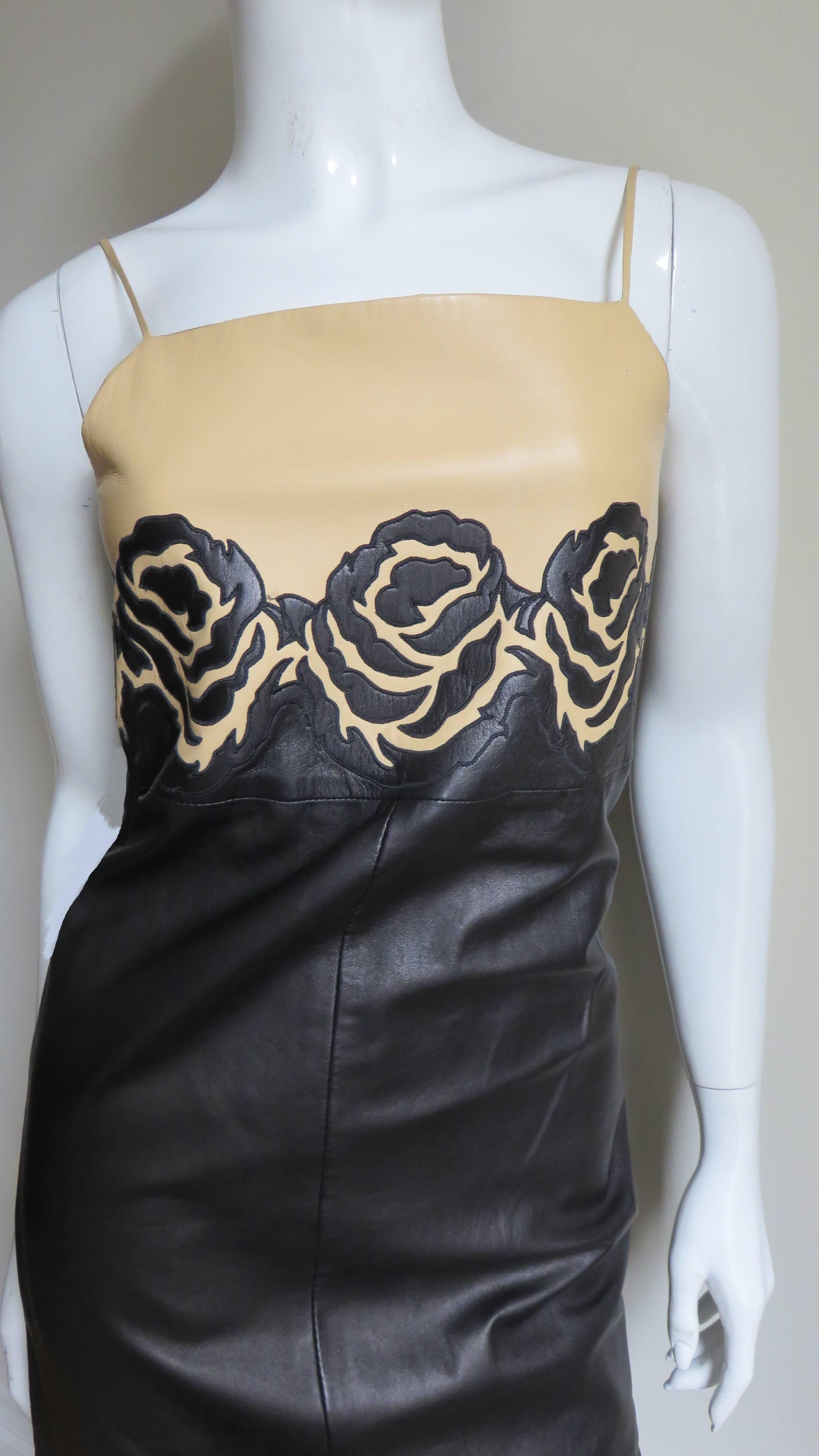  Gianni Versace Leather Color Block Dress with Applique Roses 1990s In Good Condition In Water Mill, NY