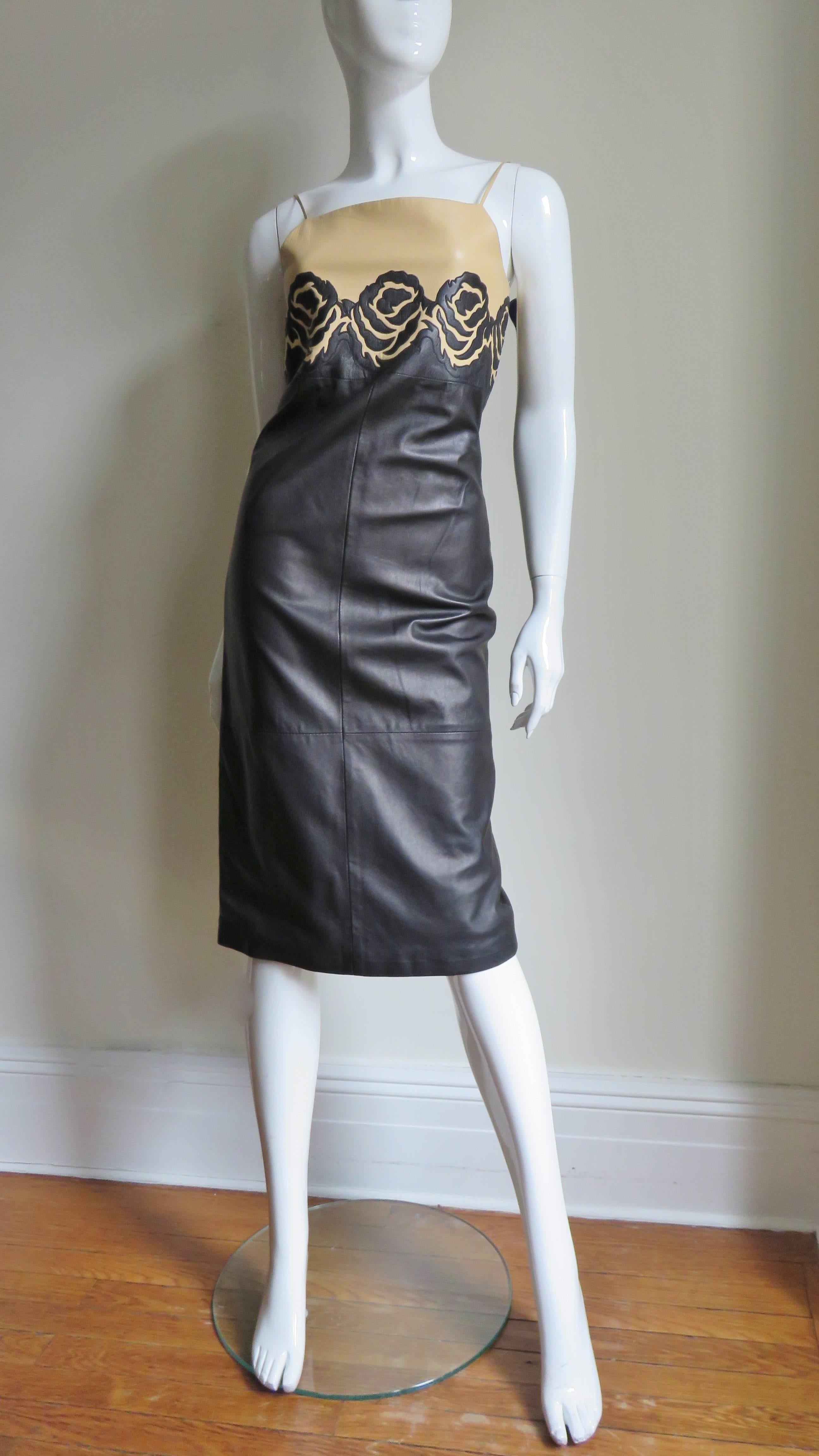  Gianni Versace Leather Color Block Dress with Applique Roses 1990s 3