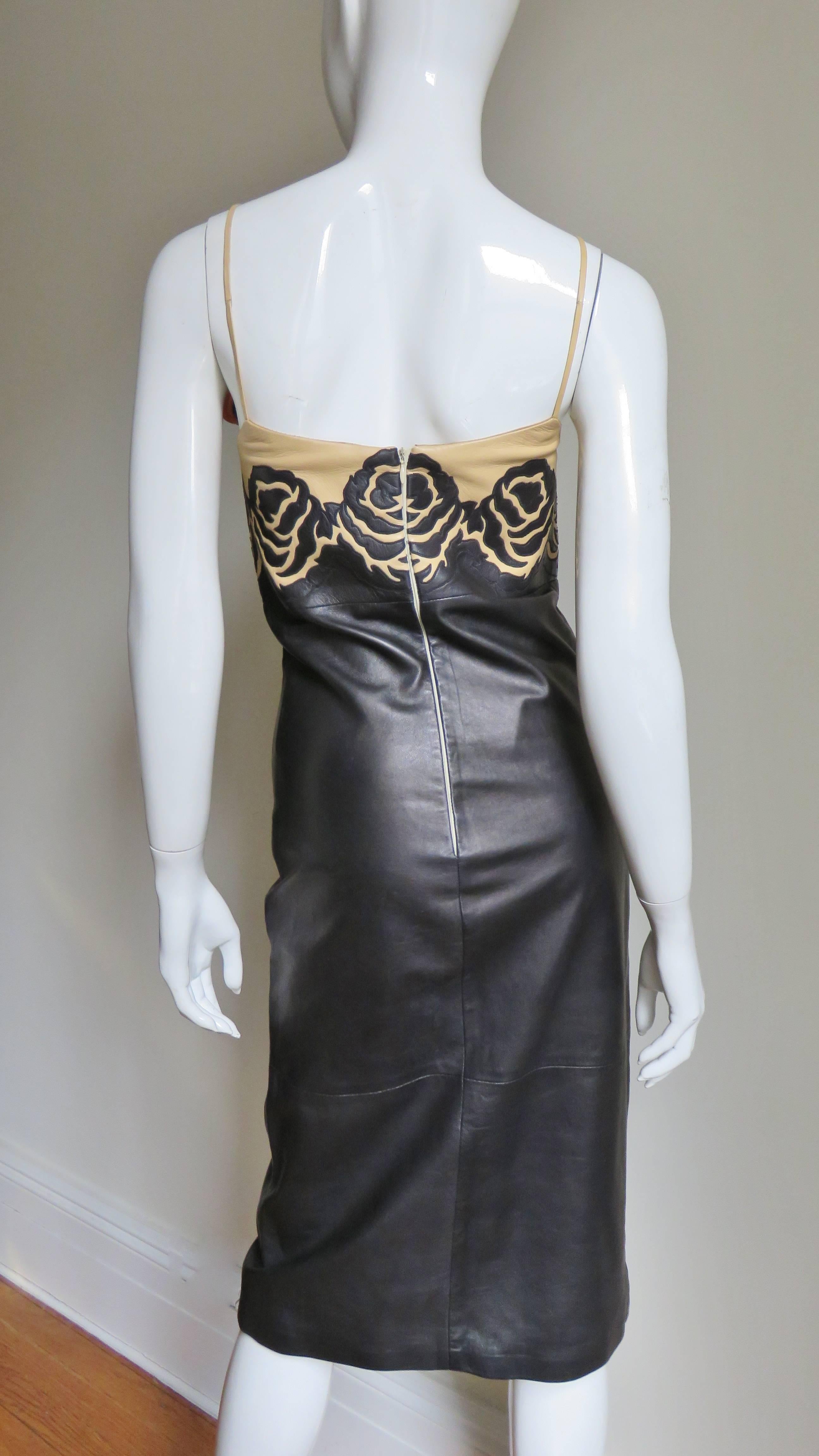  Gianni Versace Leather Color Block Dress with Applique Roses 1990s 4