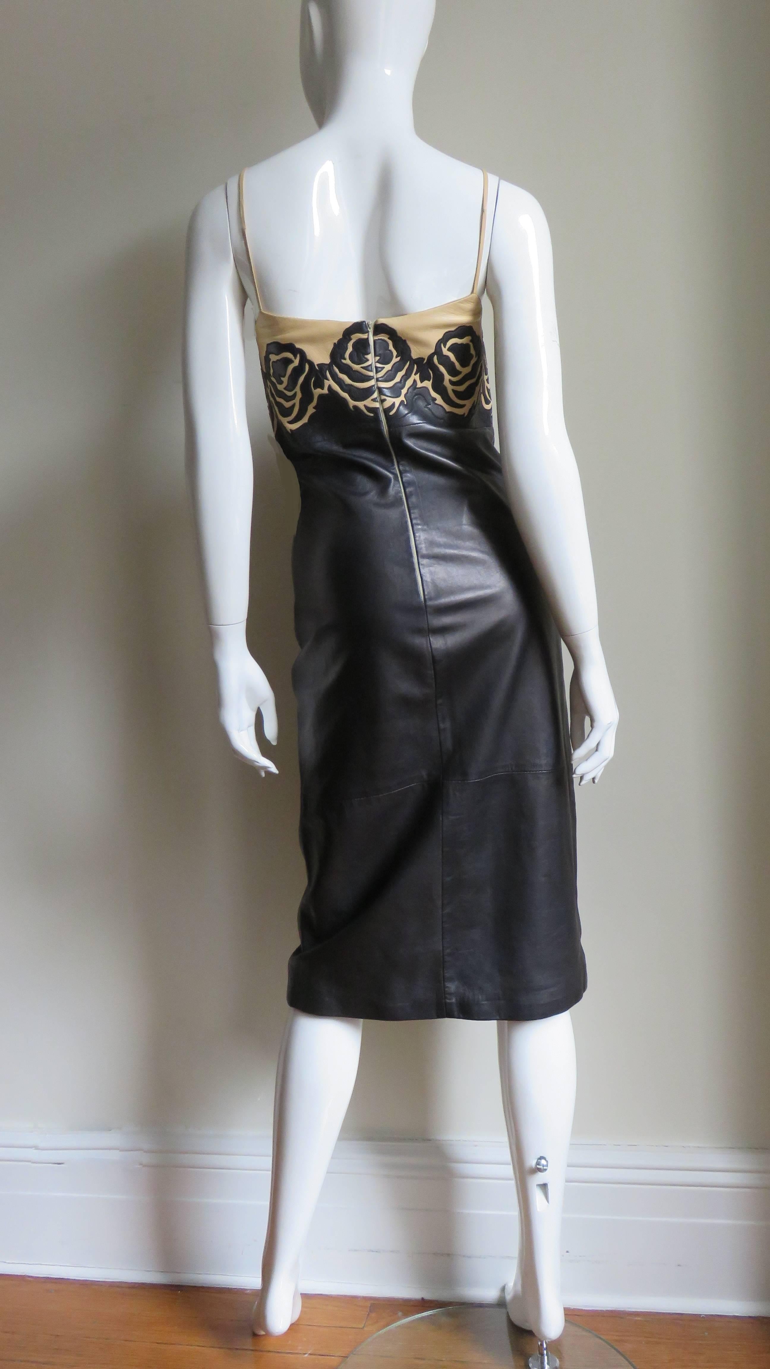  Gianni Versace Leather Color Block Dress with Applique Roses 1990s 6