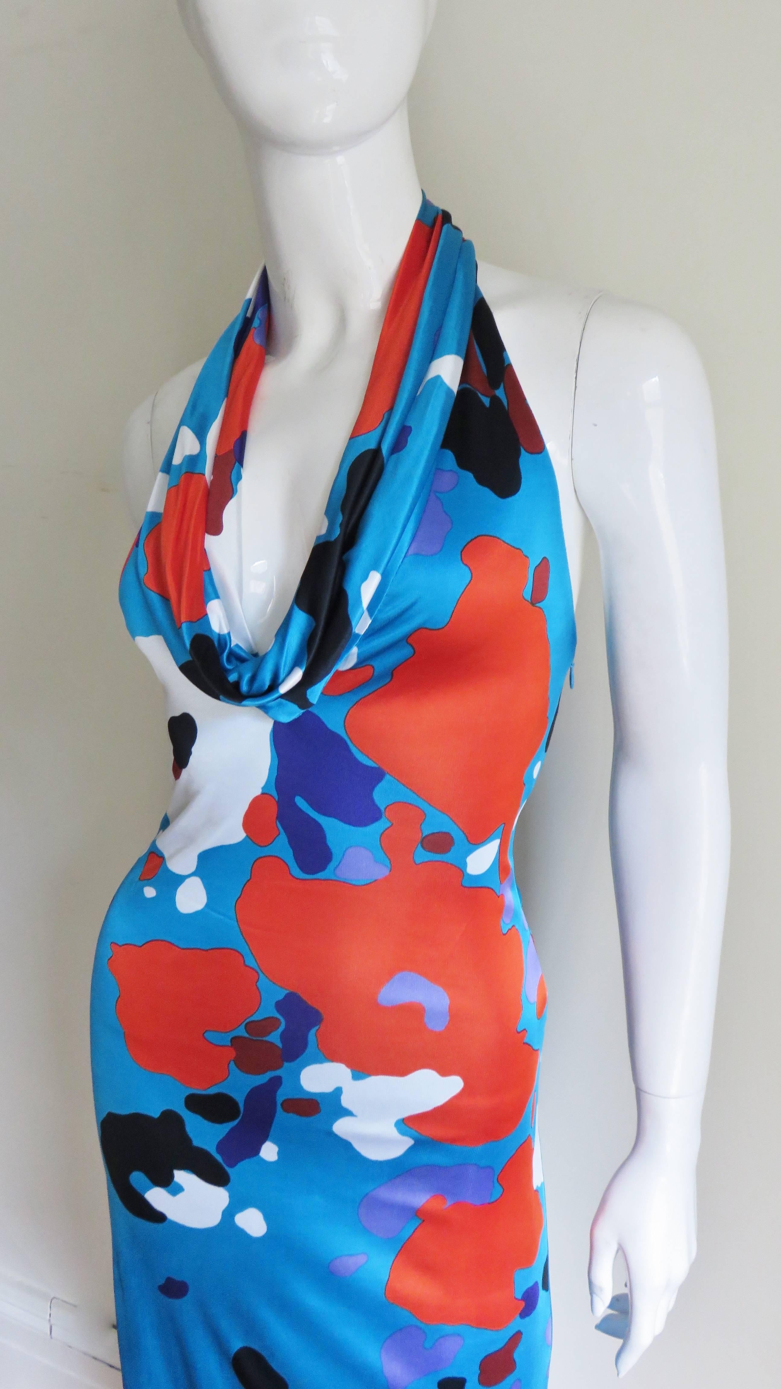 Blue 1990s Gianni Versace Plunging Halter Dress With Leather Strap Back