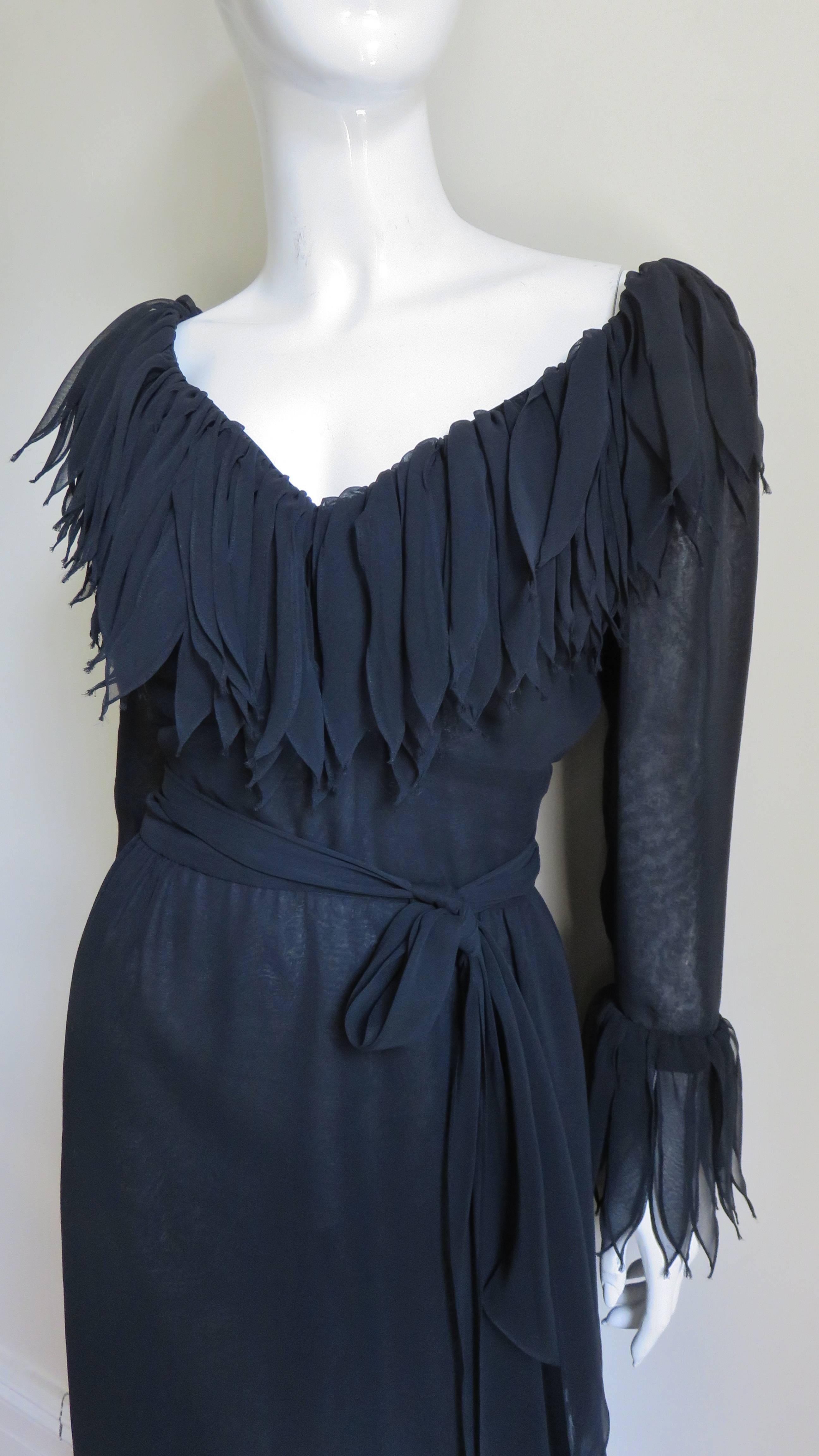 Black Travilla Silk Applique Trim Dress 1970s
