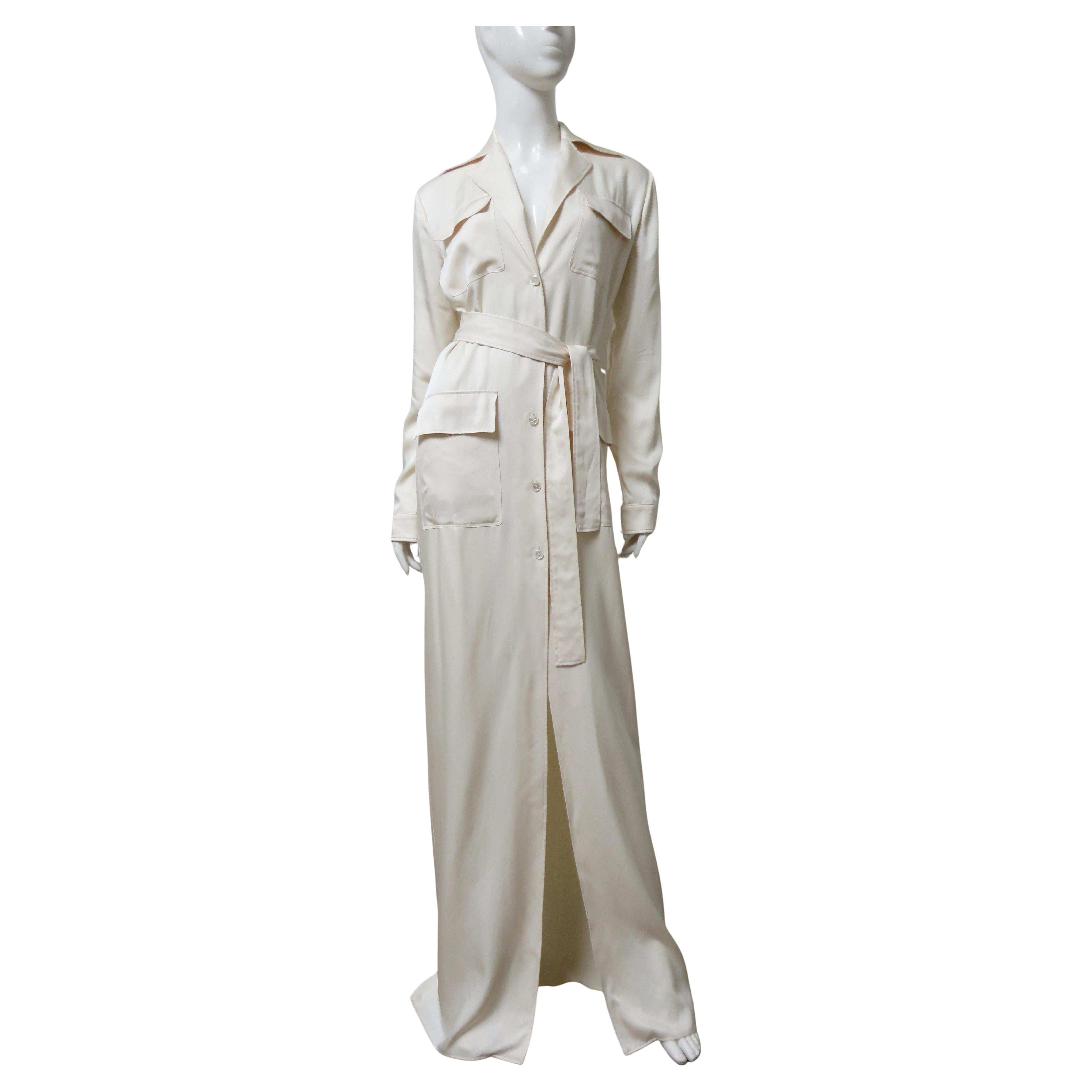 Gucci Off White Silk Shirtwaist Maxi Dress with Tie Belt