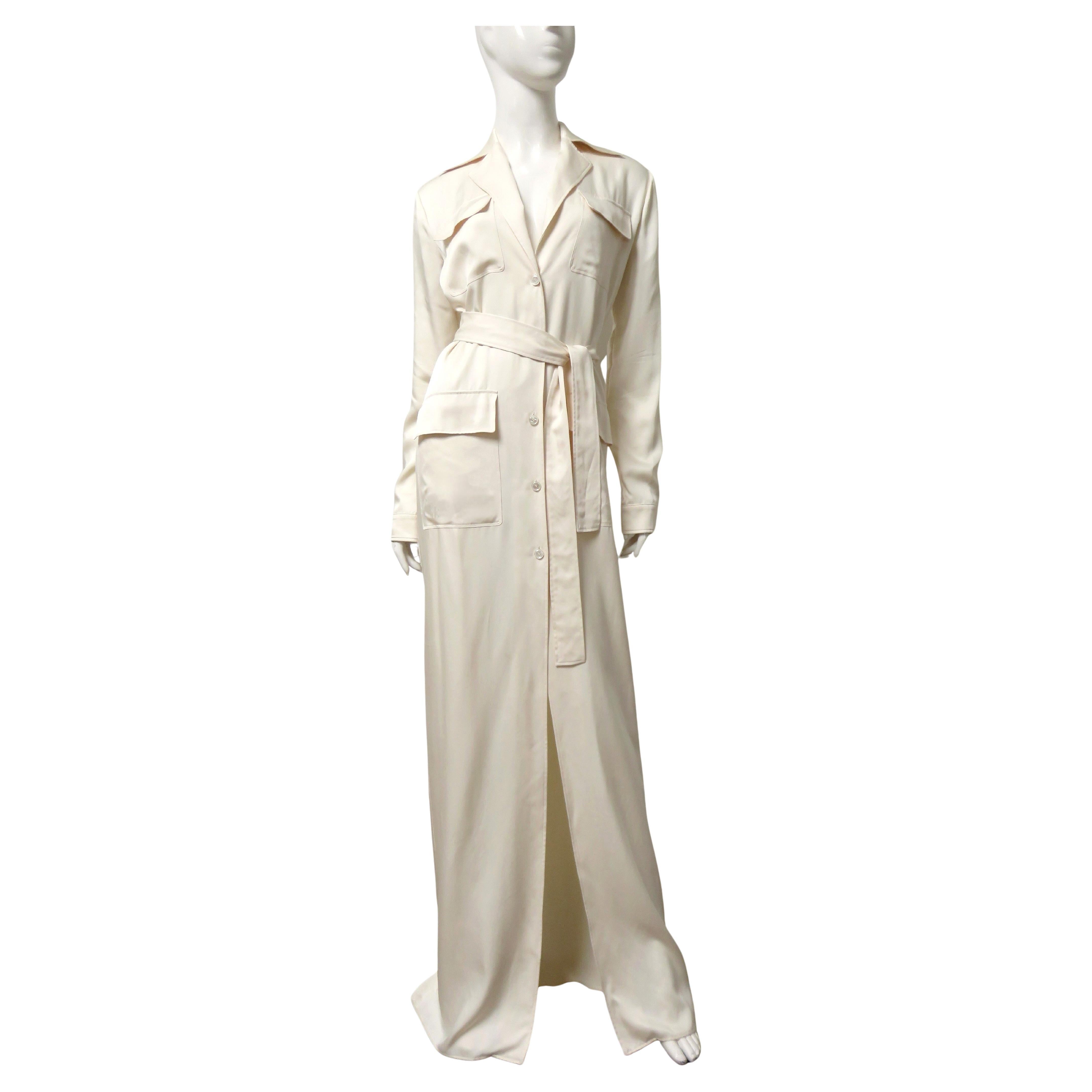 Gucci Off White Silk Shirtwaist Maxi Dress with Tie Belt