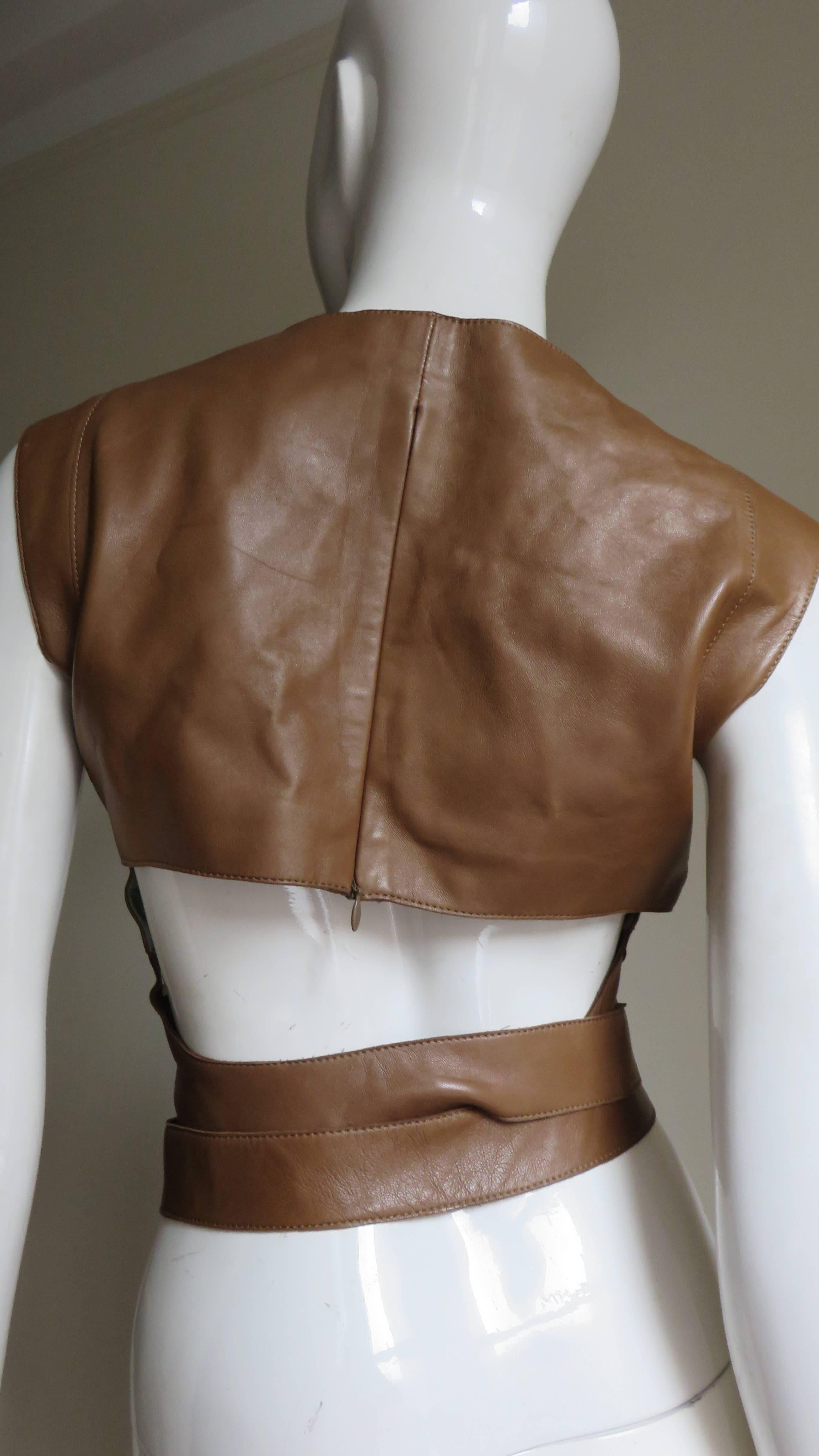 1990s Kenzo Leather Top With Wrap Belt and Cutout Back 1