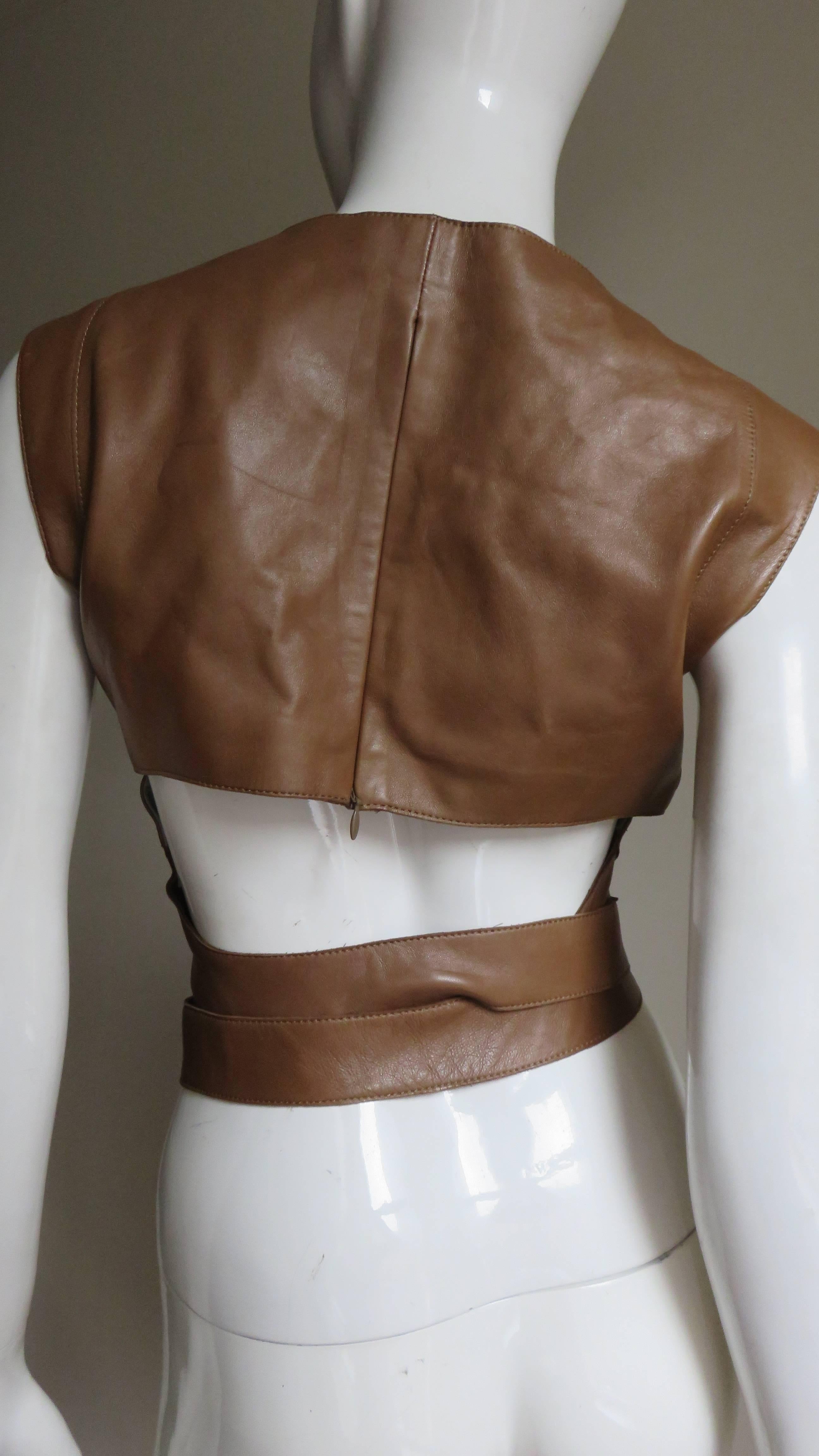 1990s Kenzo Leather Top With Wrap Belt and Cutout Back 2