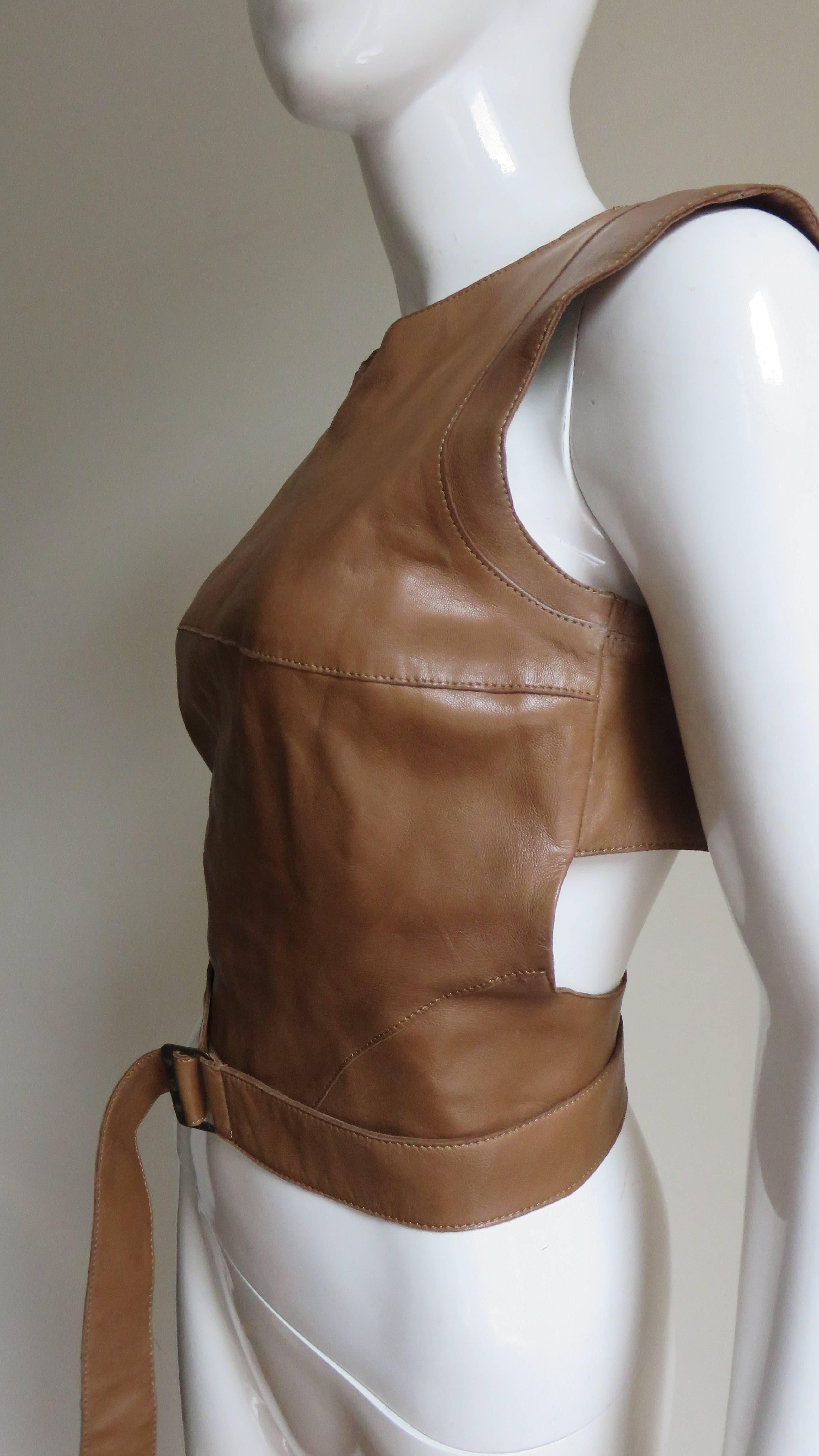 1990s Kenzo Leather Top With Wrap Belt and Cutout Back In Good Condition In Water Mill, NY