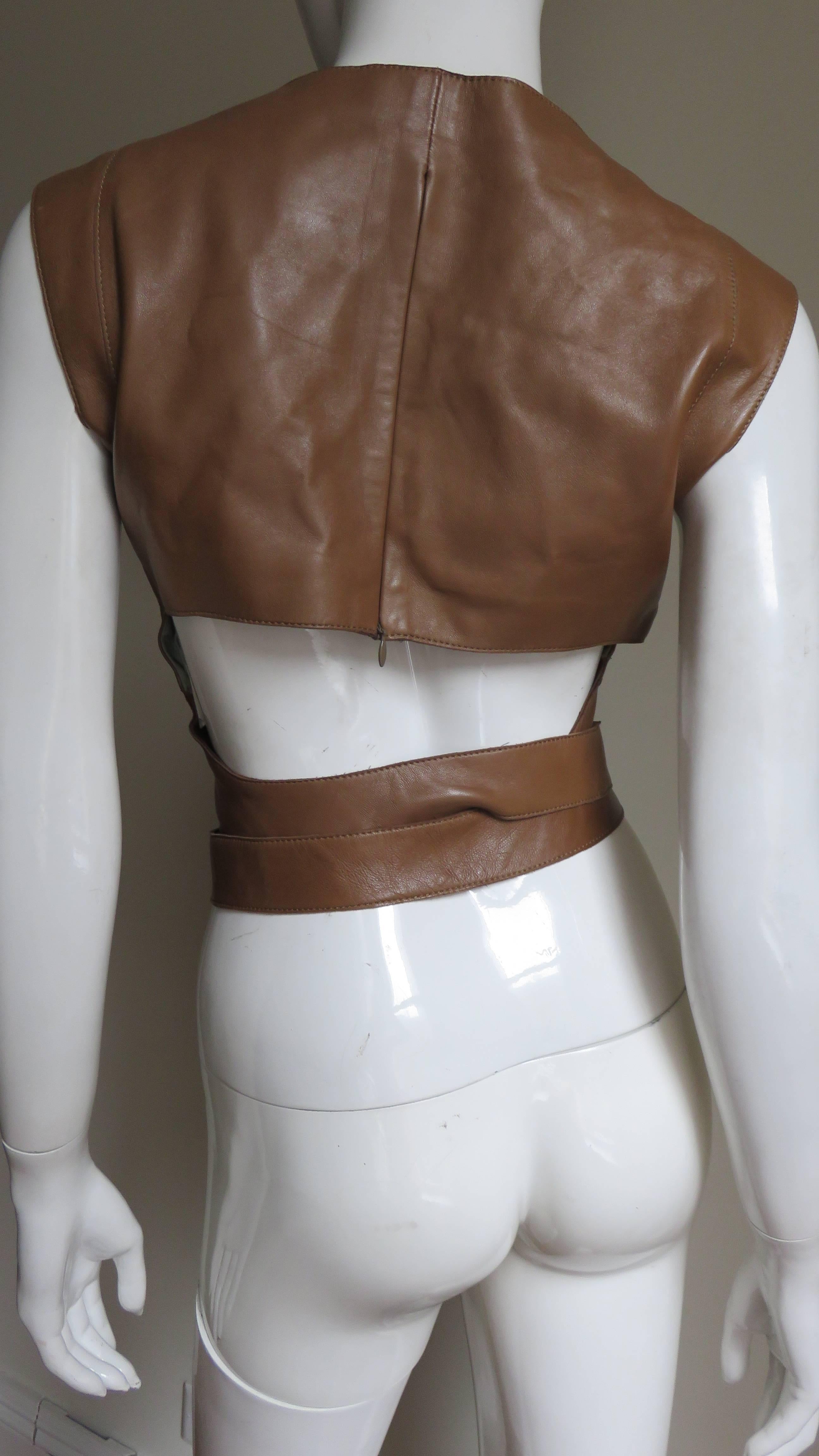 1990s Kenzo Leather Top With Wrap Belt and Cutout Back 3