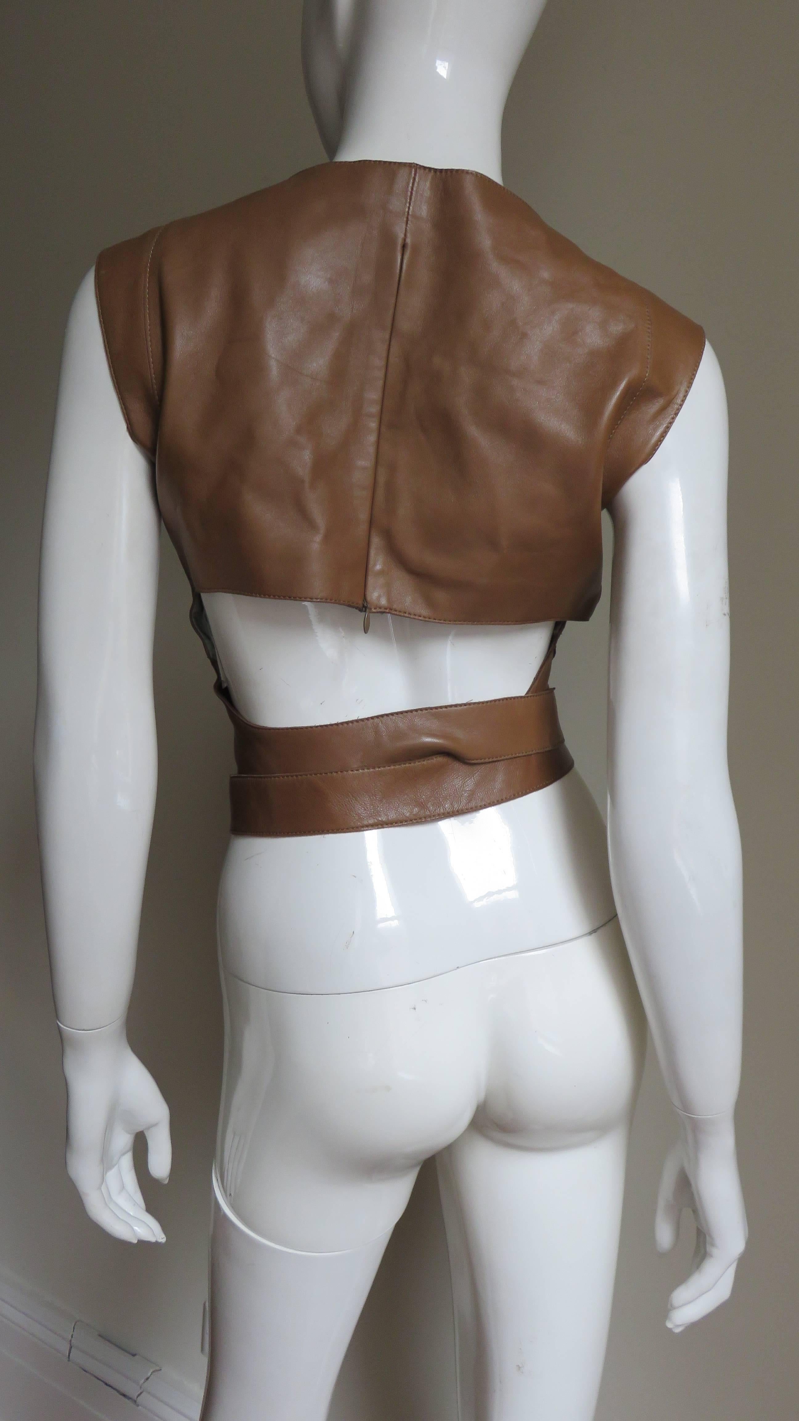 1990s Kenzo Leather Top With Wrap Belt and Cutout Back 4