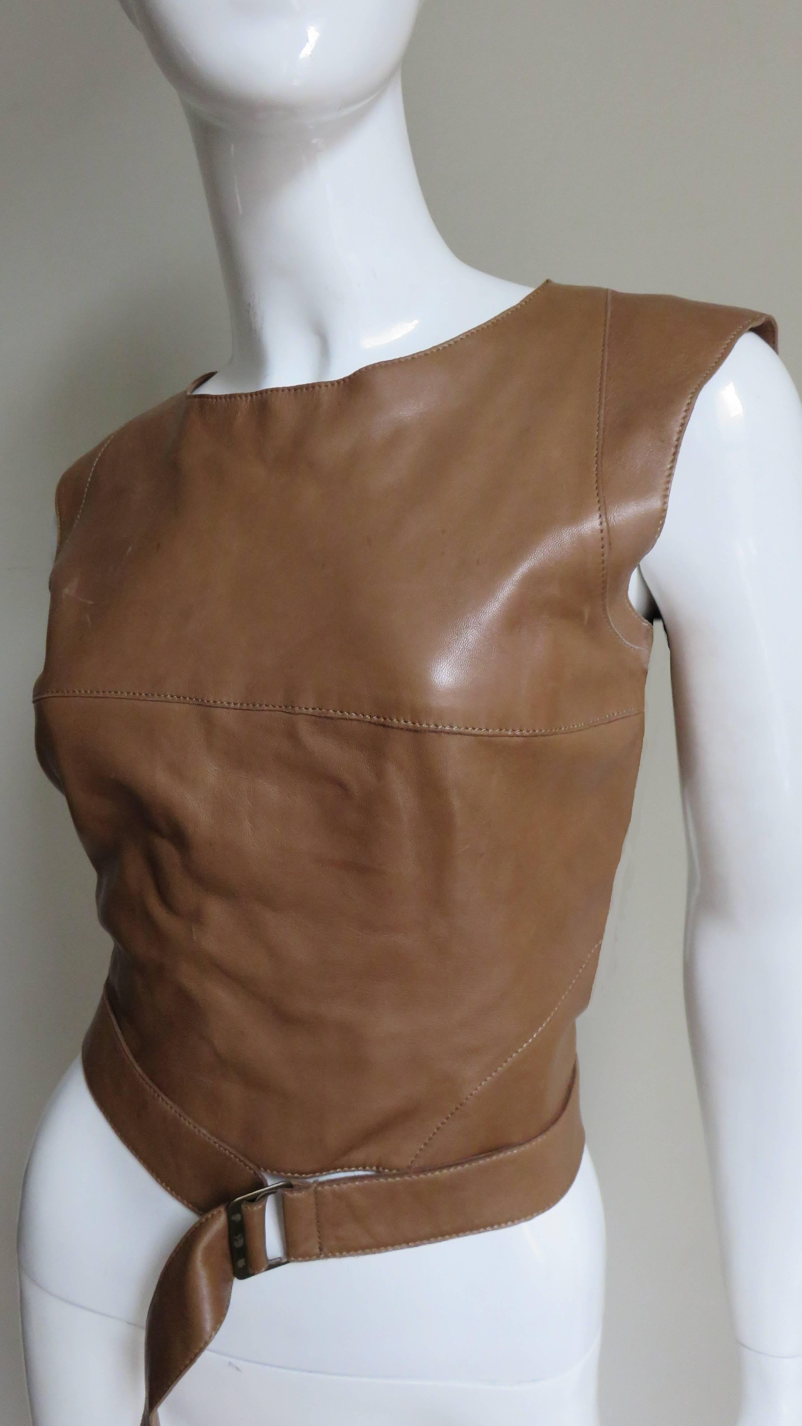 Brown 1990s Kenzo Leather Top With Wrap Belt and Cutout Back
