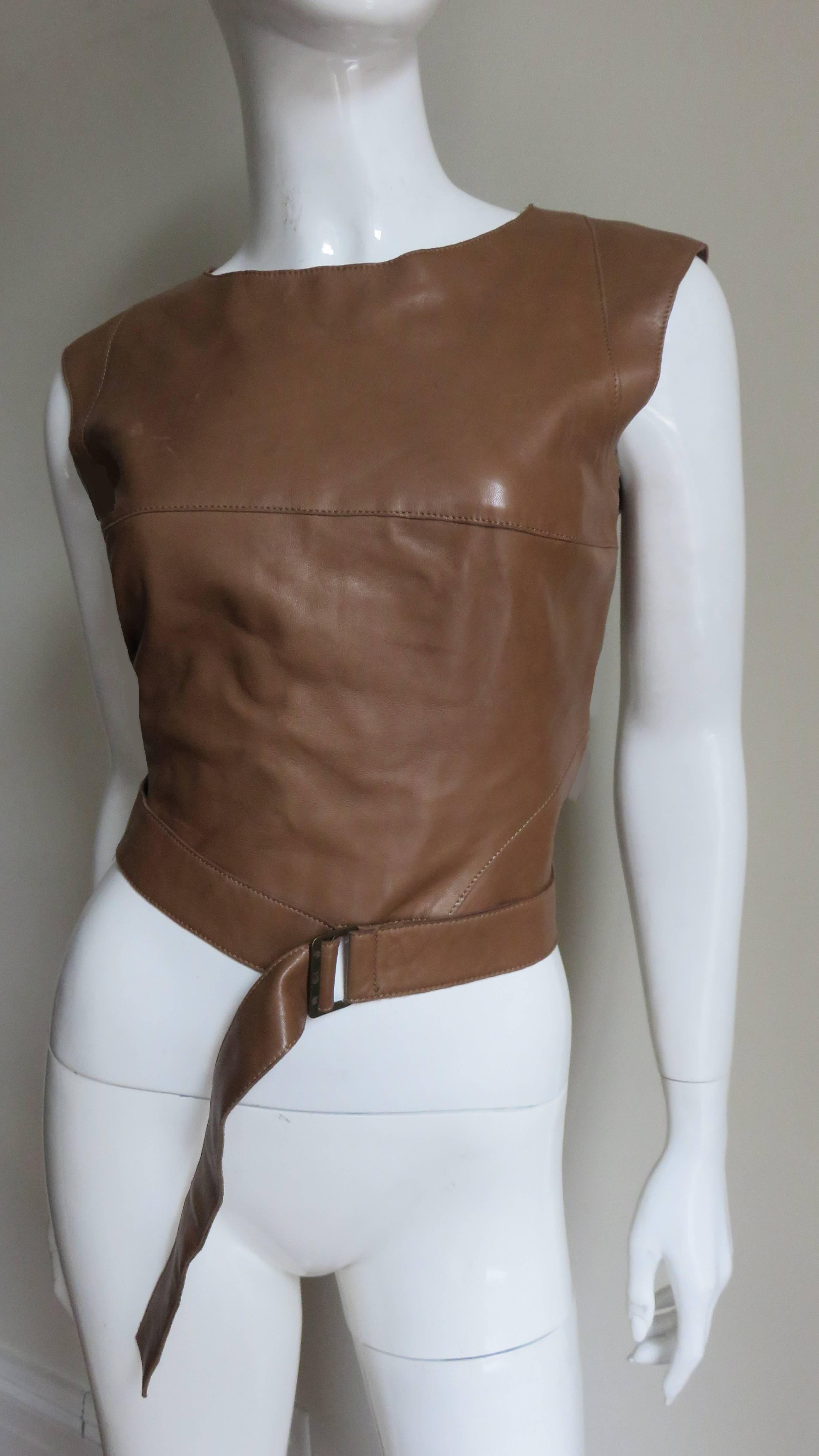 Women's 1990s Kenzo Leather Top With Wrap Belt and Cutout Back