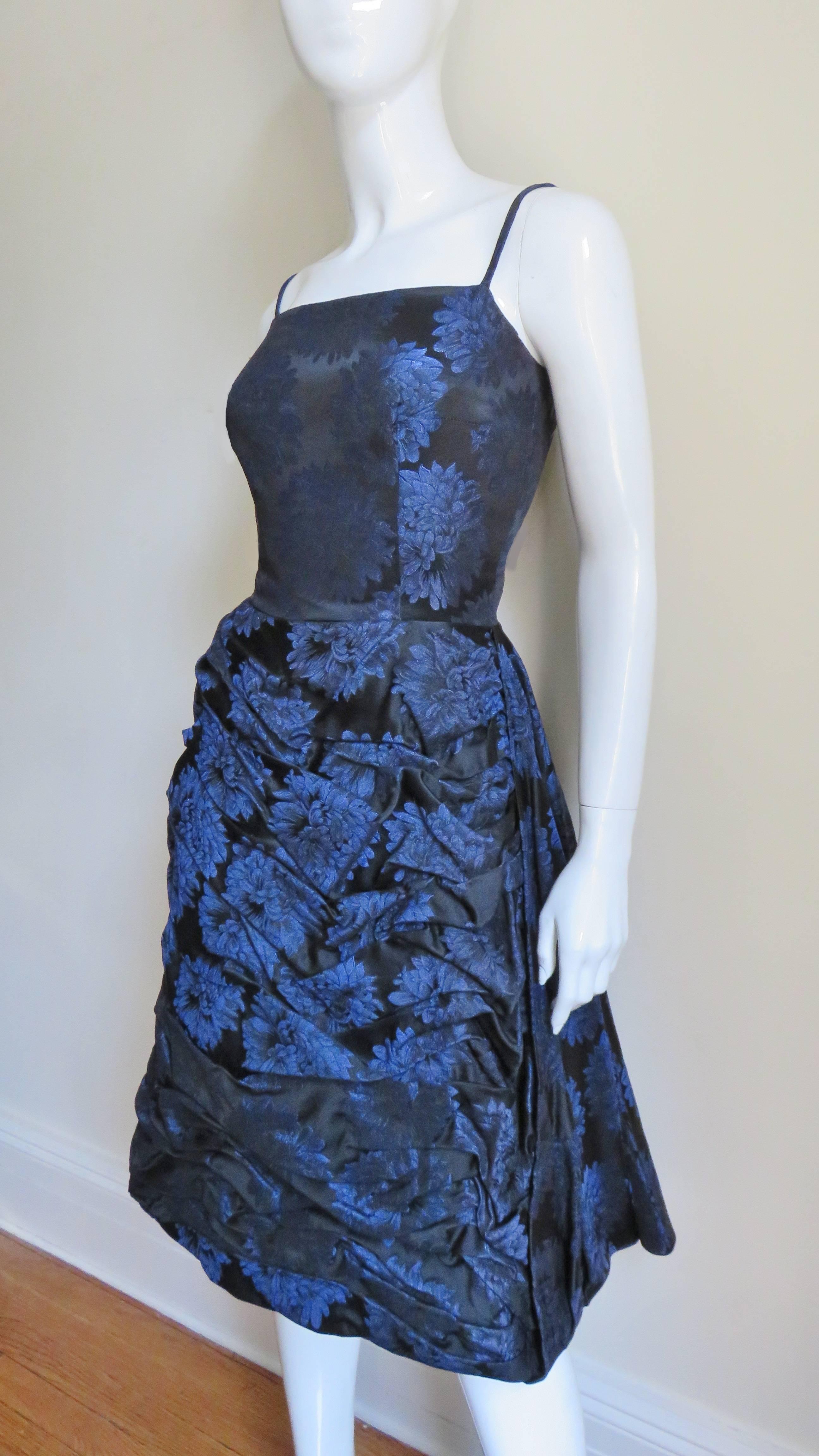 1950s Sher Lee Silk Damask Dress with Watteau Back In Excellent Condition For Sale In Water Mill, NY