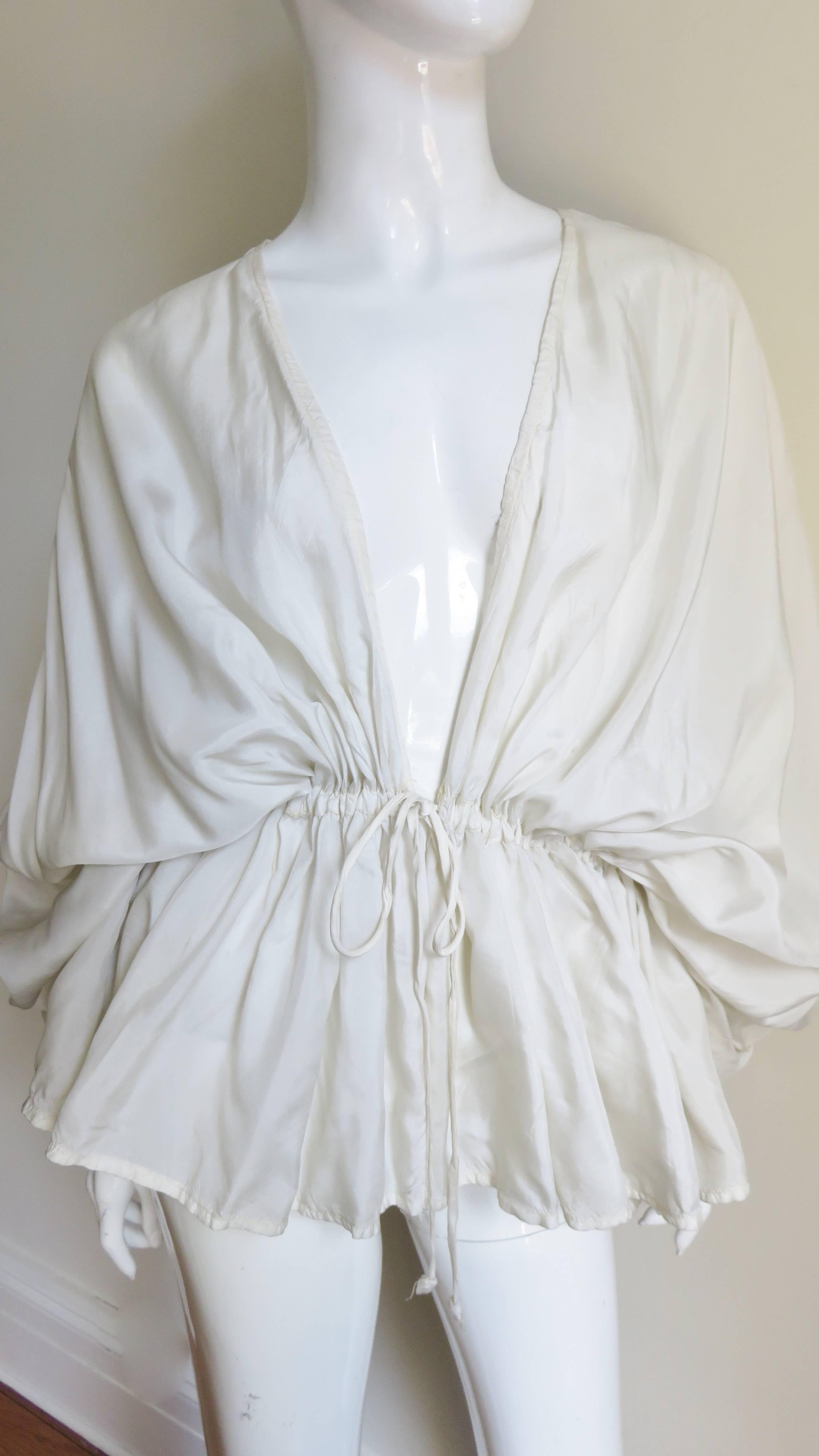 Gray 1970's Silk Drape Plunge Drawstring Shirt