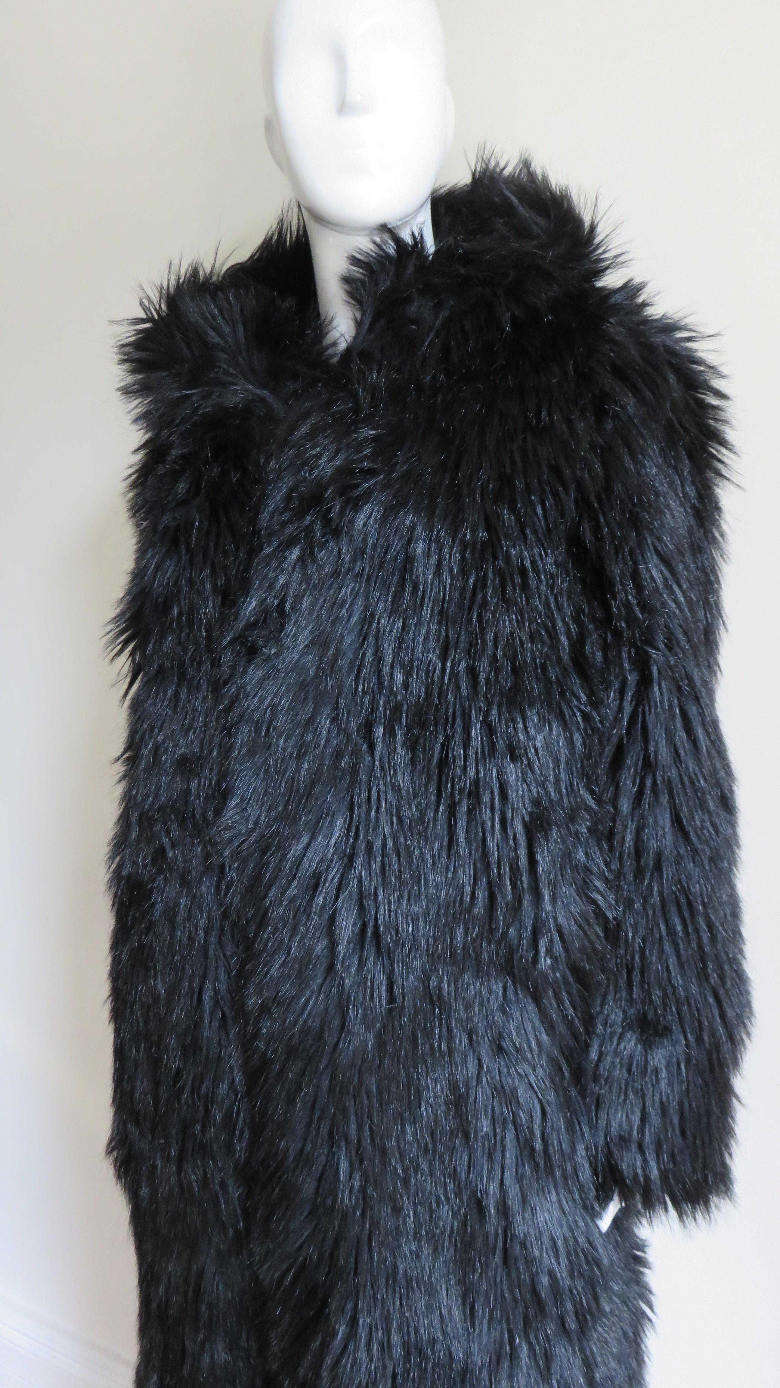 Black 1980s Betsey Johnson Faux Fur Hooded Maxi Coat