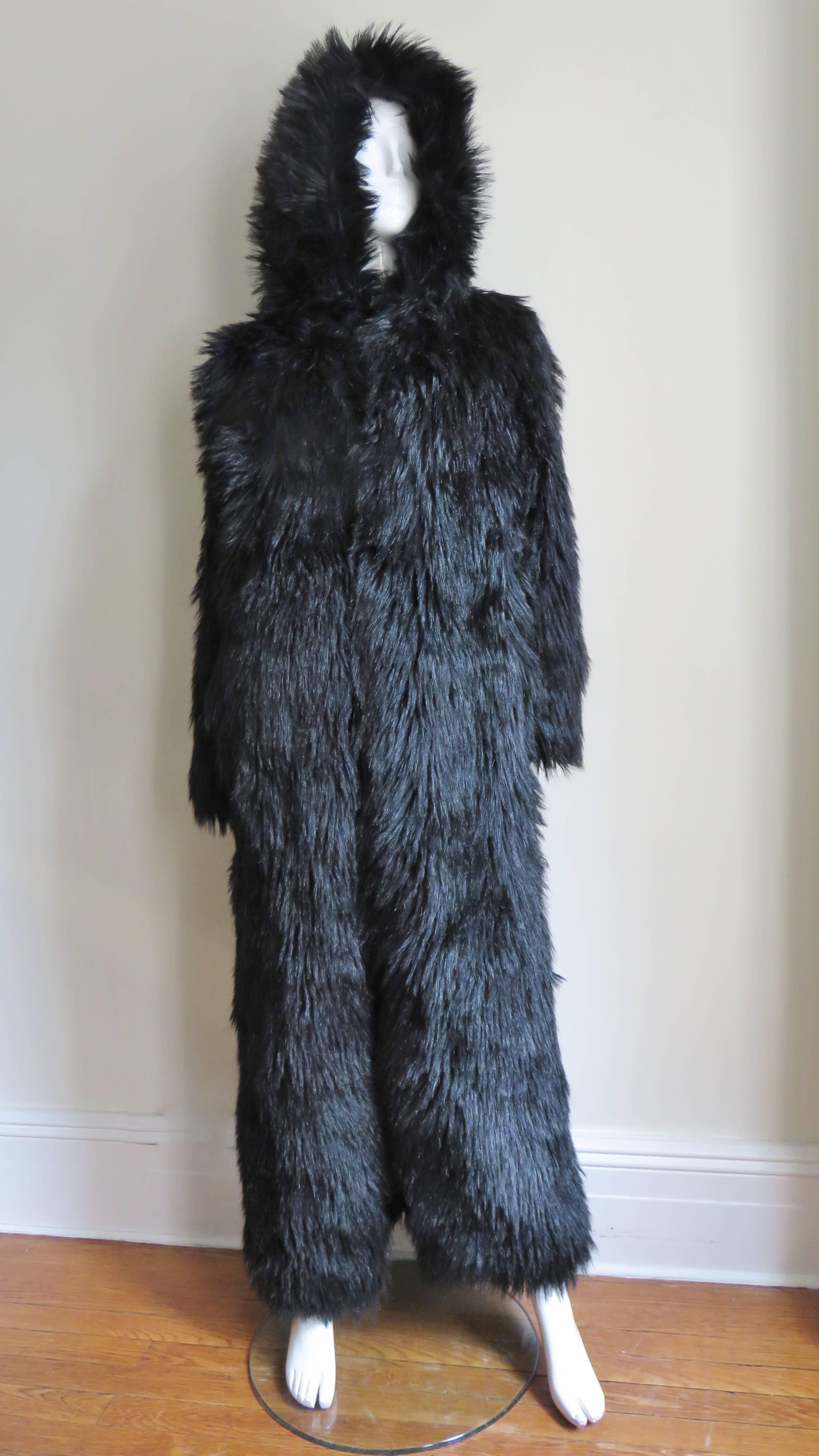 1980s Betsey Johnson Faux Fur Hooded Maxi Coat 2