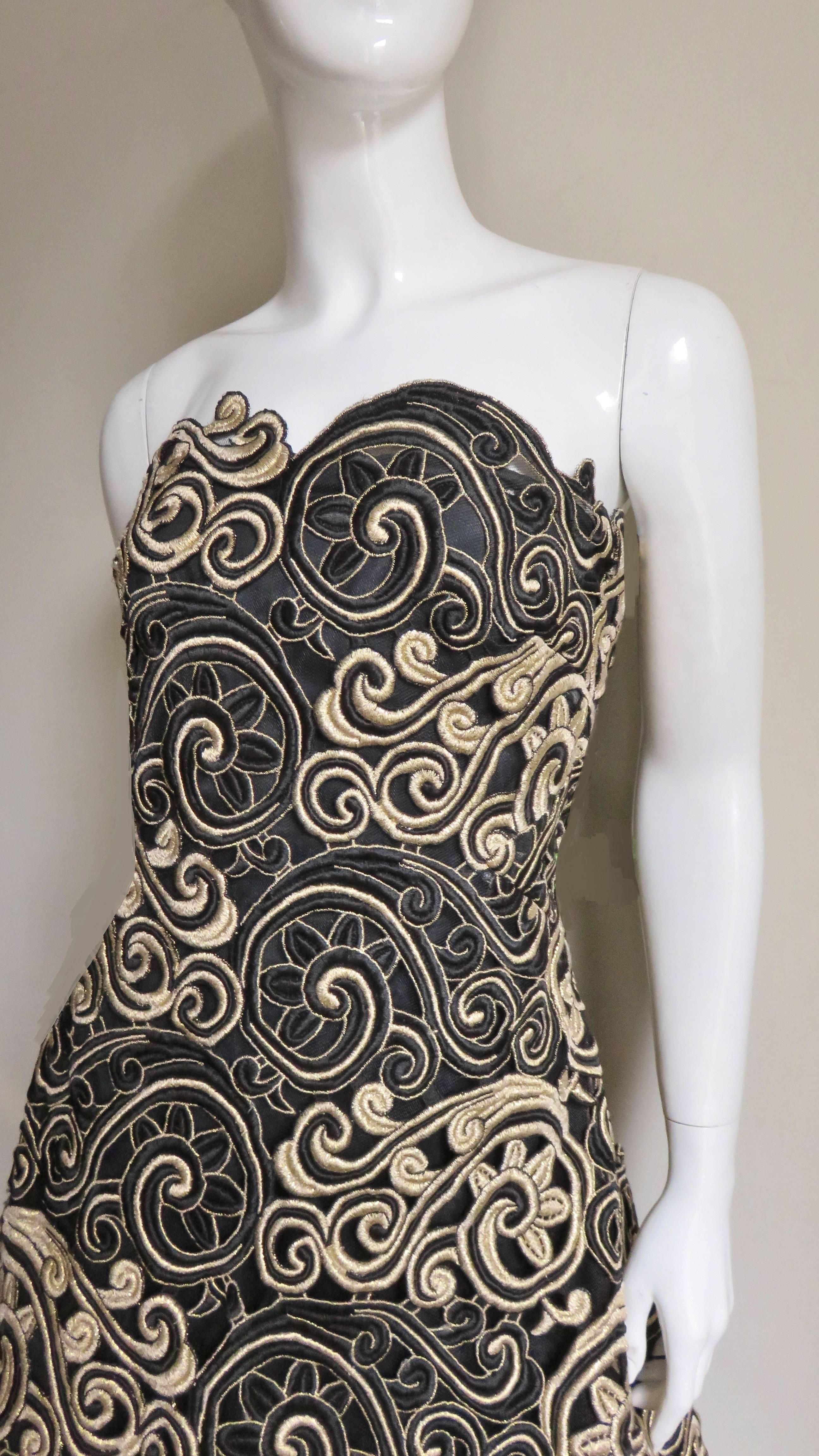 Gray Arnold Scassi Embroidered Lace Silk Strapless Gown 1990s For Sale