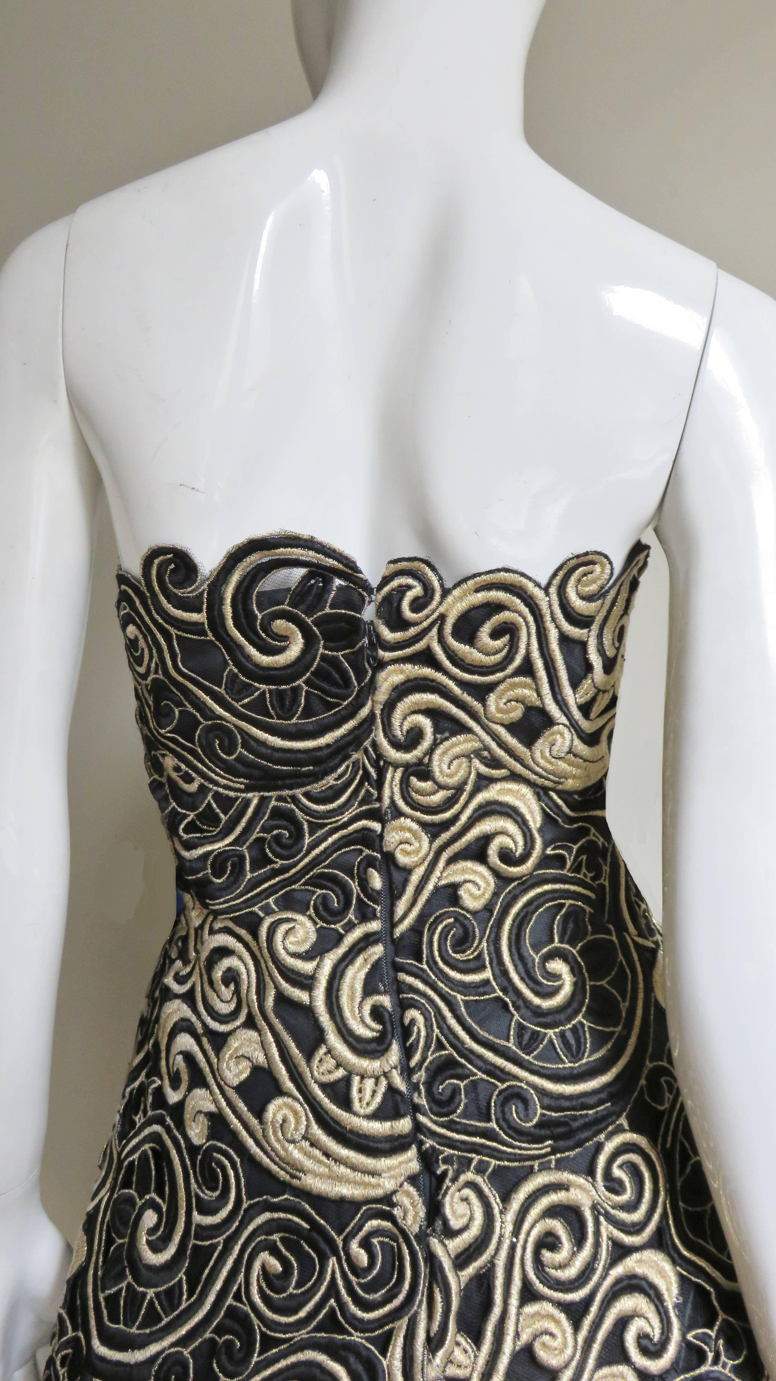 Arnold Scassi Embroidered Lace Silk Strapless Gown 1990s For Sale 6
