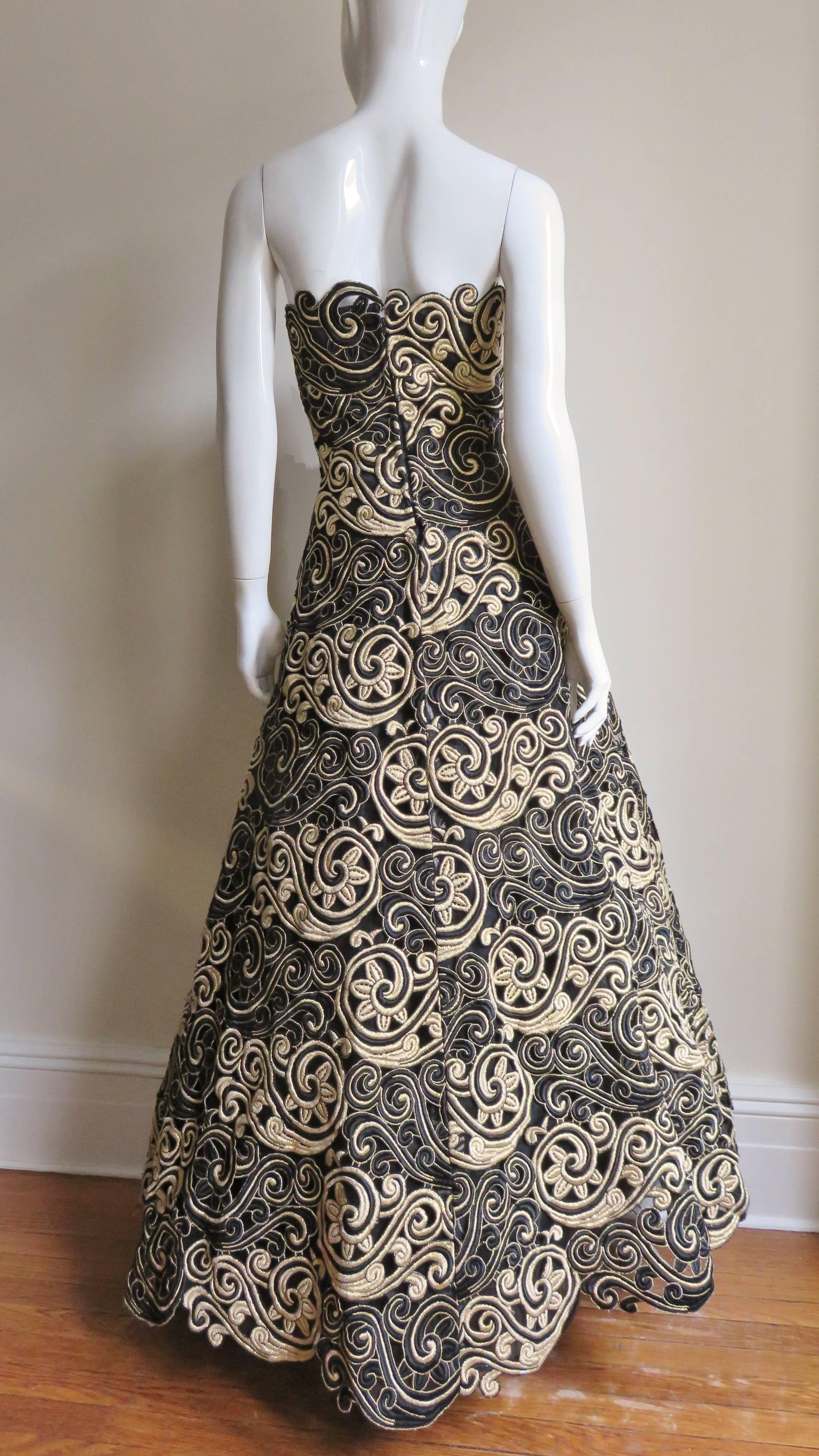 Arnold Scassi Embroidered Lace Silk Strapless Gown 1990s For Sale 8