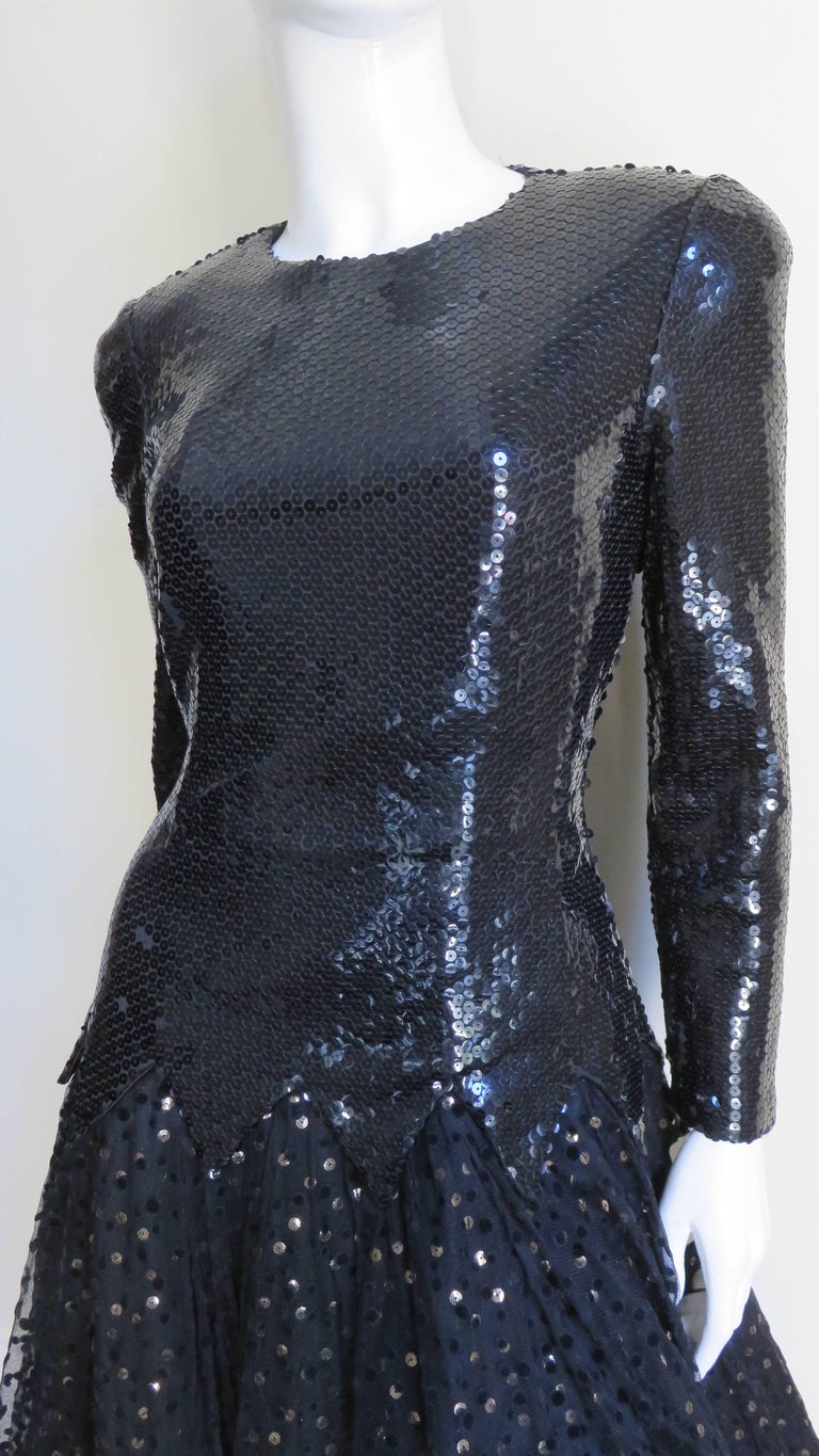 Black Mignon Sequin and Tulle Dress 1980s For Sale