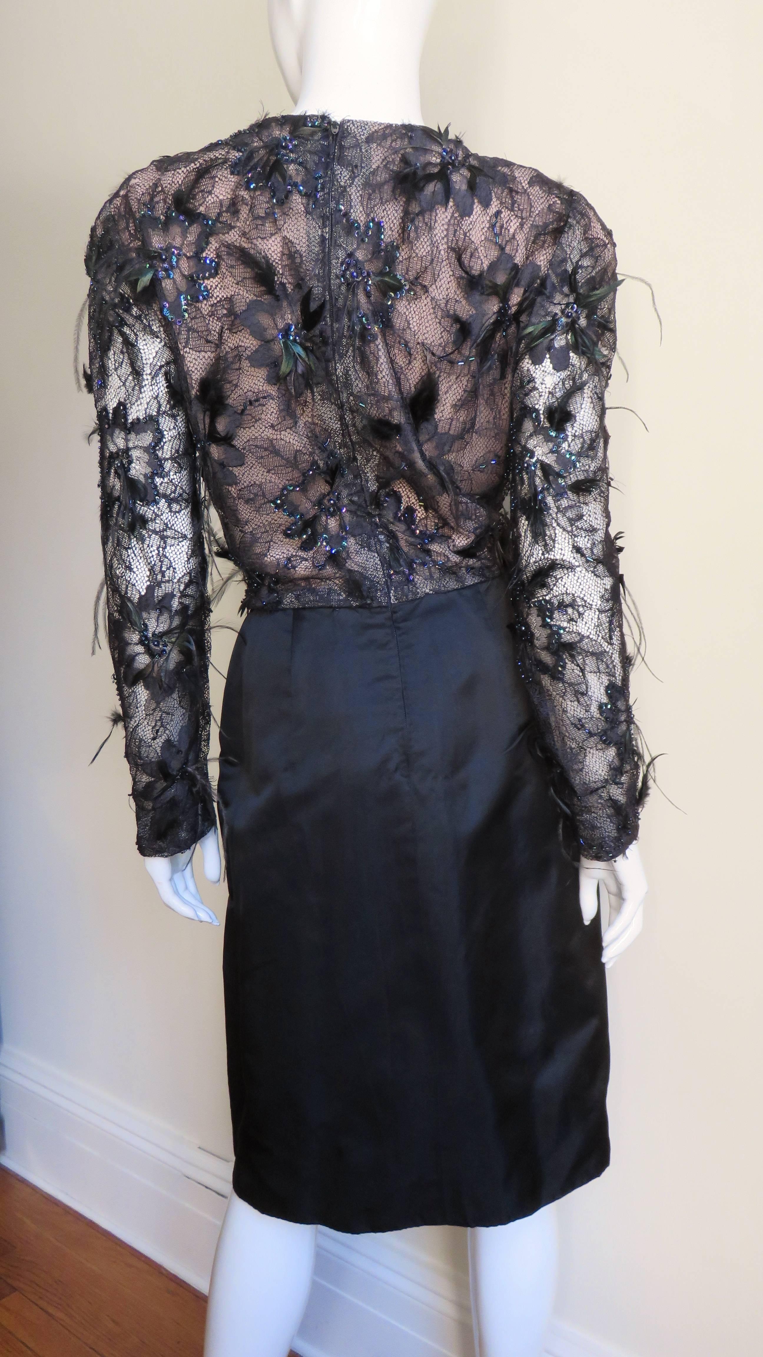 Scaasi Boutique Feather Bead Accent Dress 1980s For Sale 1