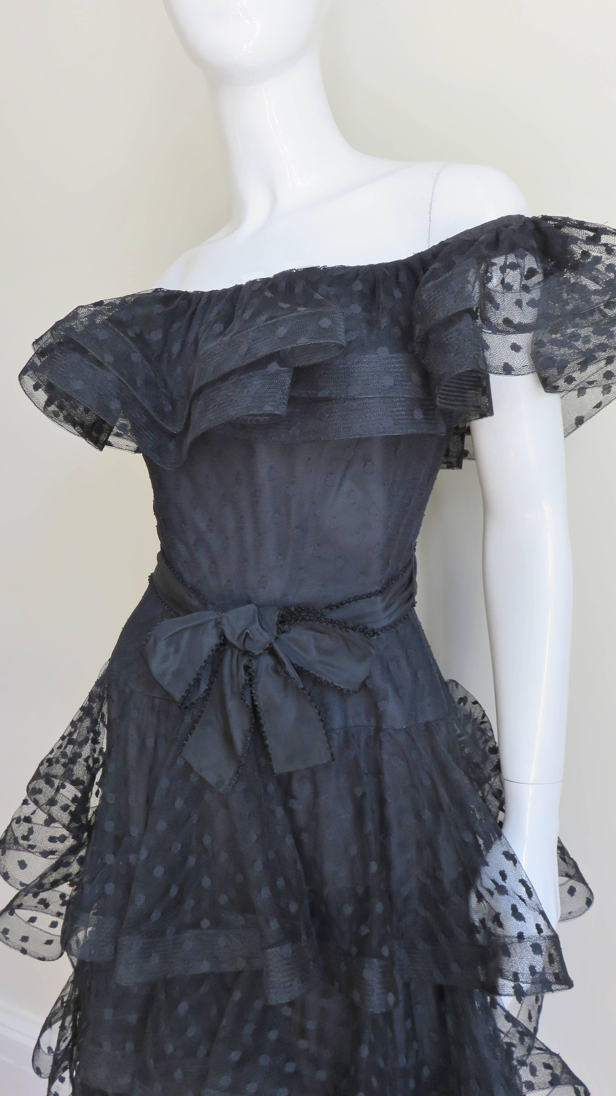 Black Scaasi Boutique Silk Ruffle Off Shoulder Dress 1980s For Sale