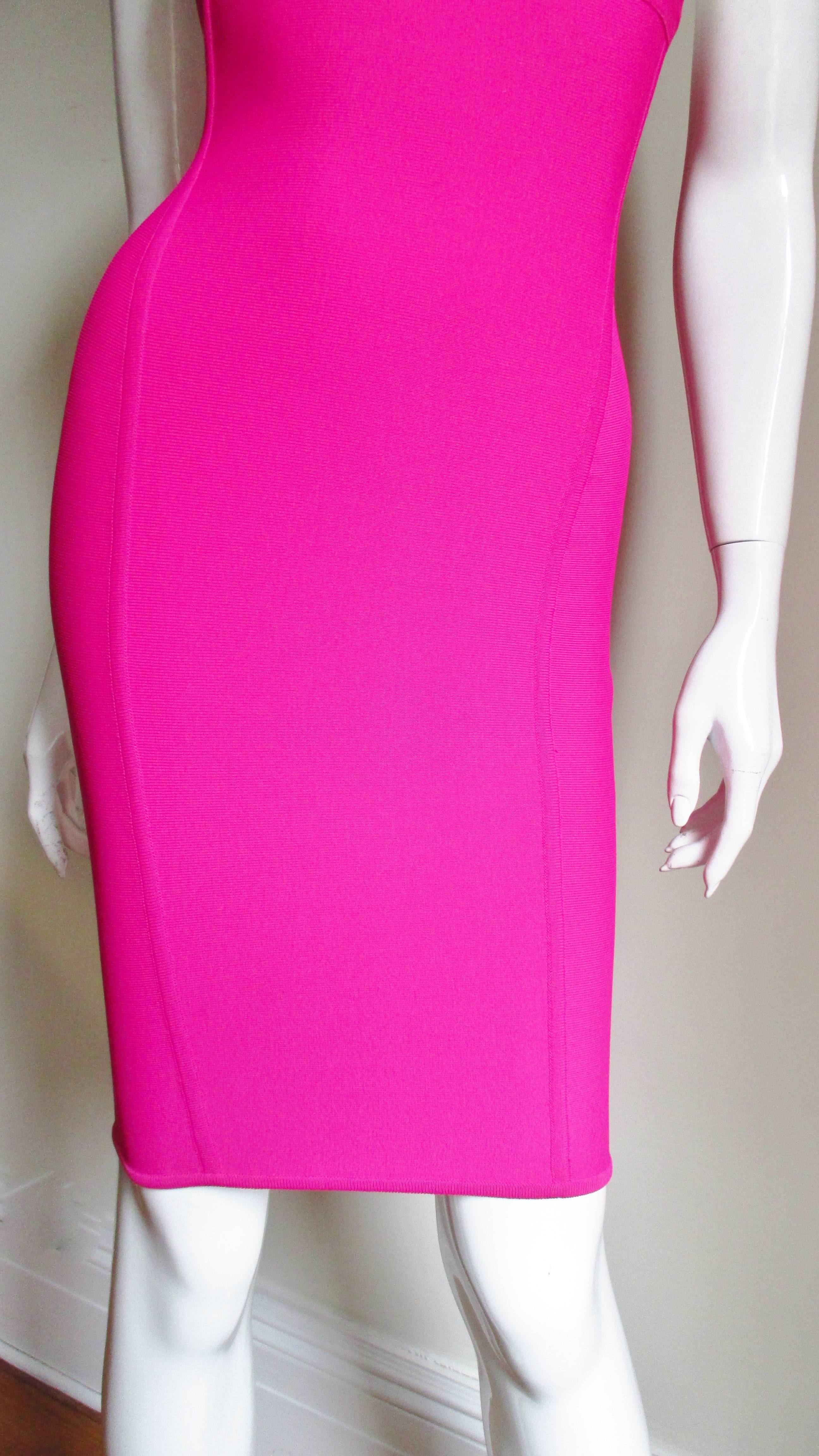 1990s Herve Leger Hot Pink Bodycon Dress In Excellent Condition In Water Mill, NY