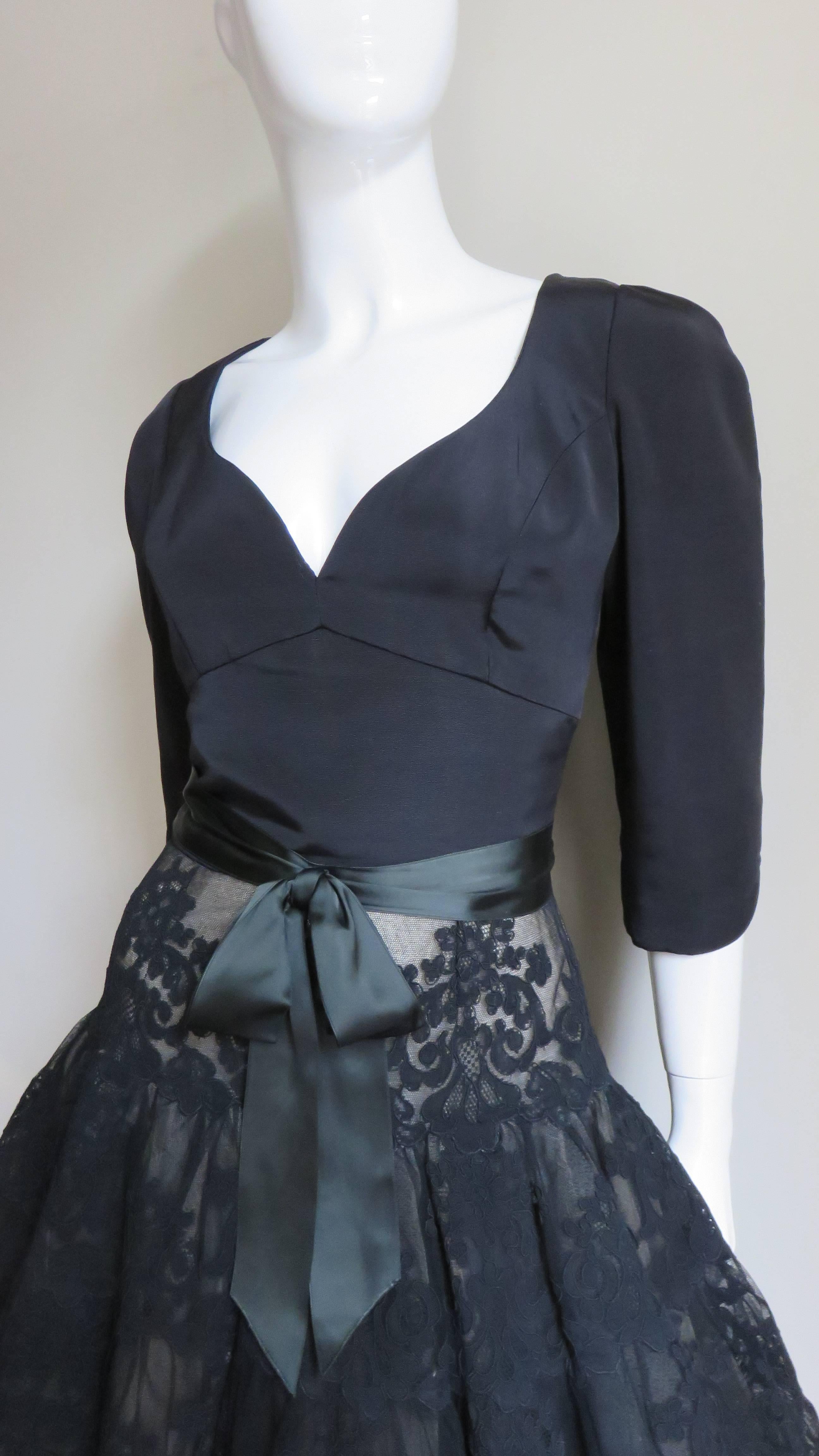 Black Vicky Tiel Couture Silk and Lace Full Skirt Dress For Sale