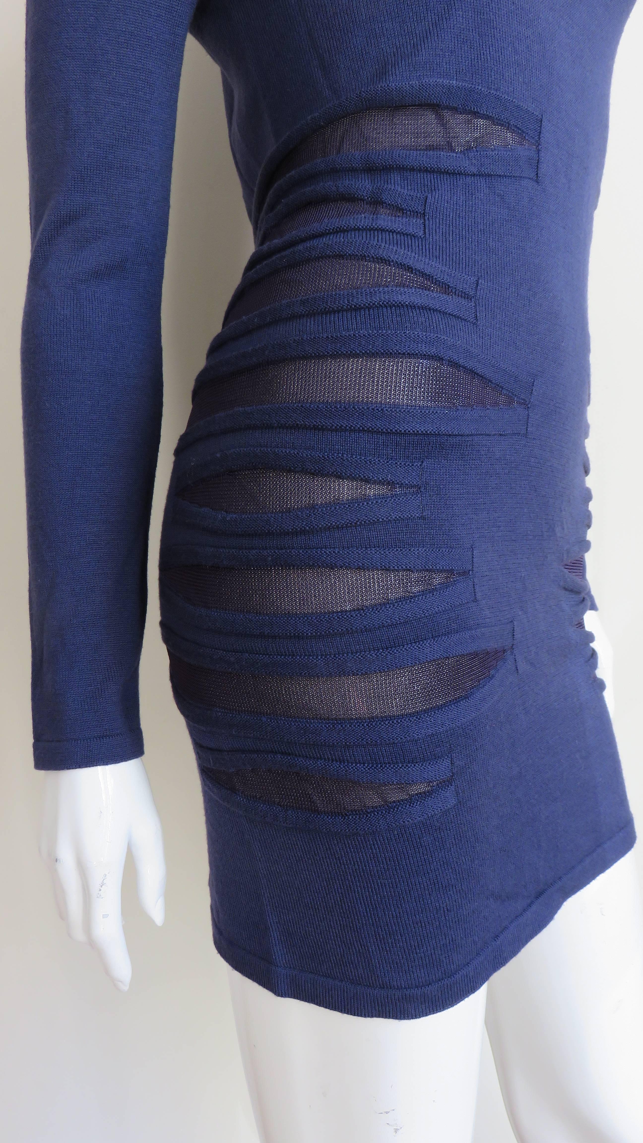 Versace Navy Bodycon Dress with Mesh Cut outs For Sale 2