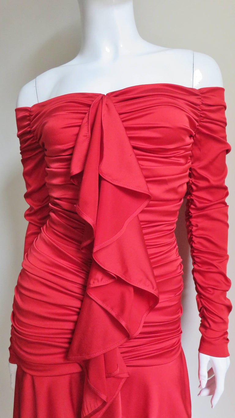 Red Angelo Tarlazzi Off Shoulder Ruched Silk Dress 1990s For Sale
