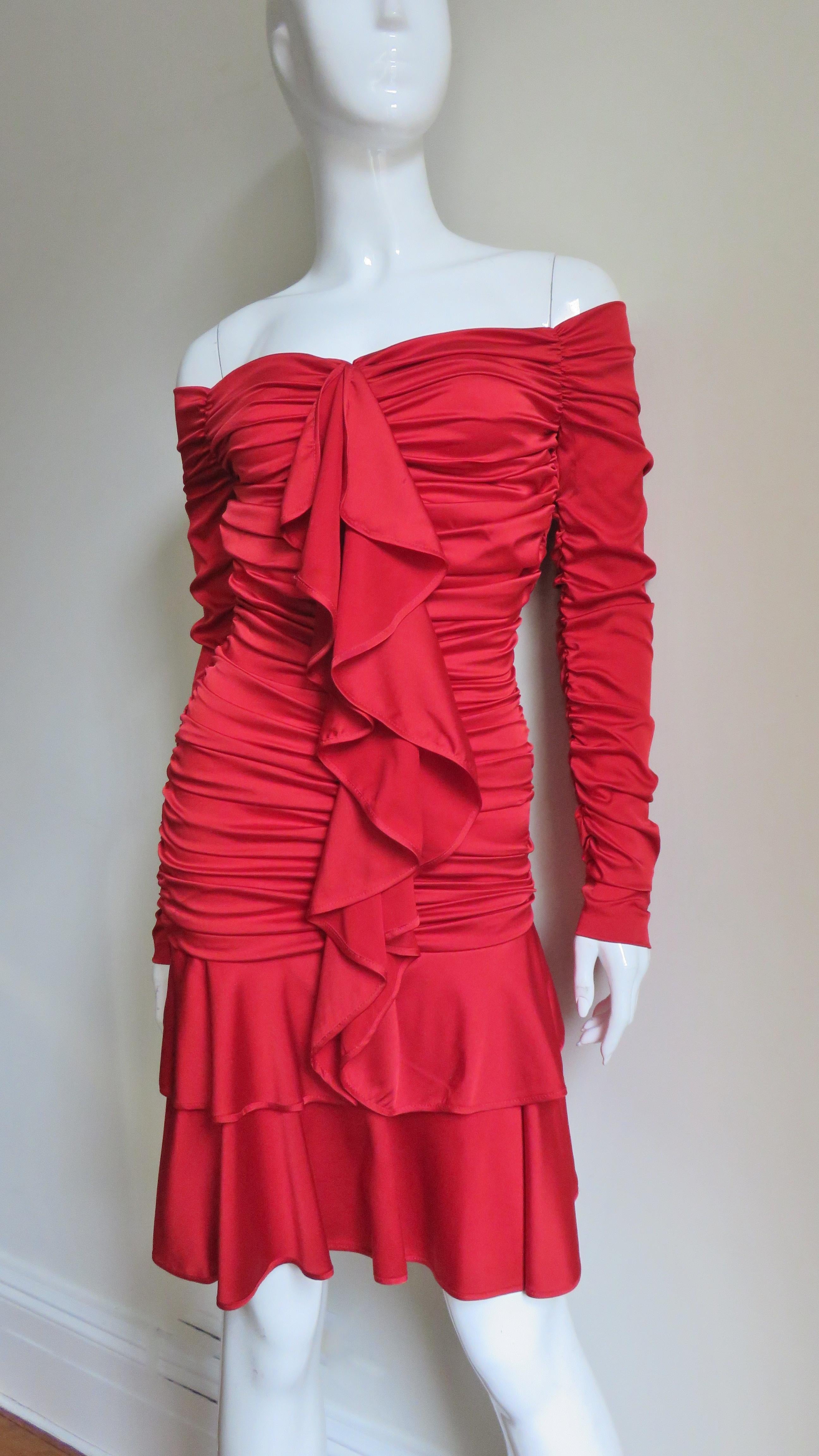 Women's Angelo Tarlazzi Off Shoulder Ruched Silk Dress 1990s For Sale