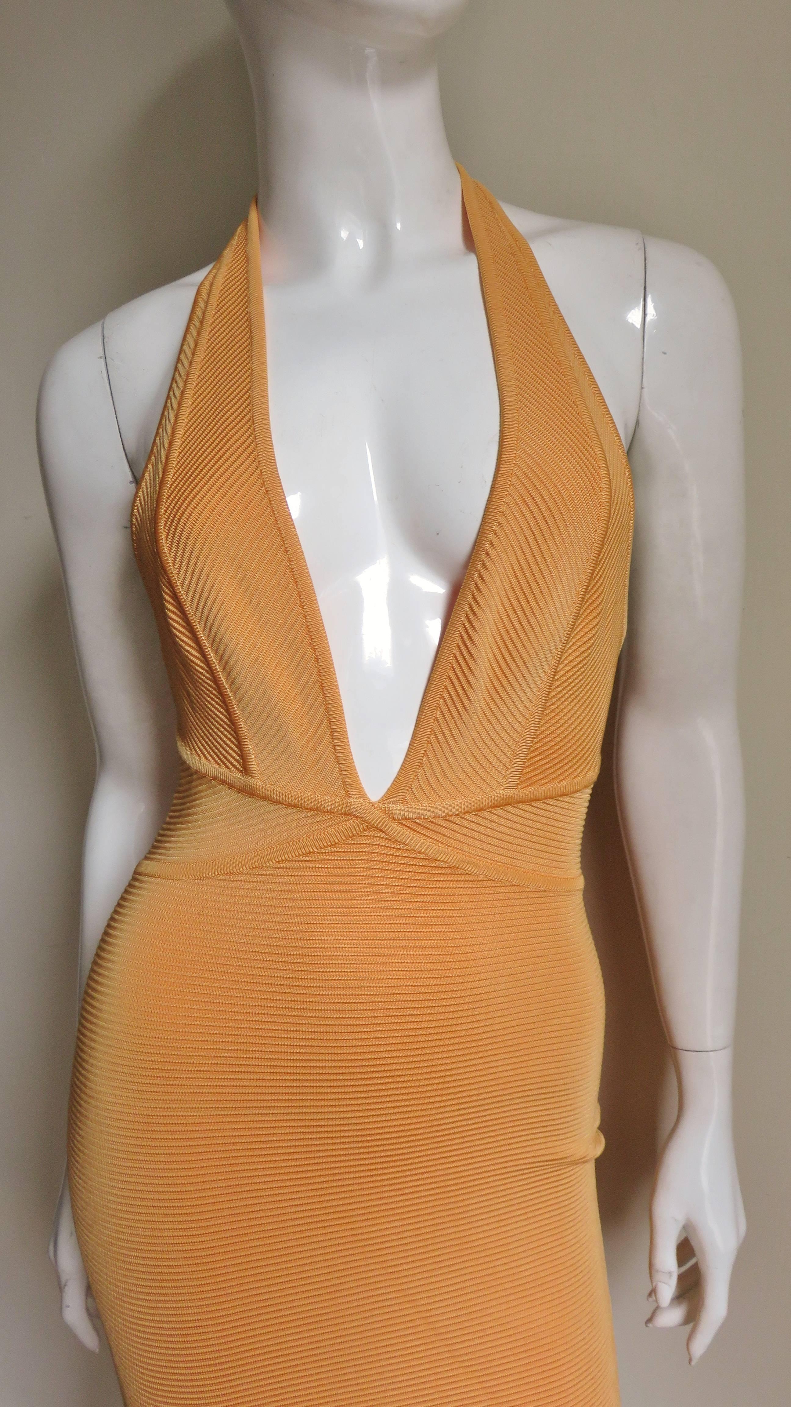 2000s Herve Leger Creamsicle Deep Punge Bandage Dress In Good Condition In Water Mill, NY
