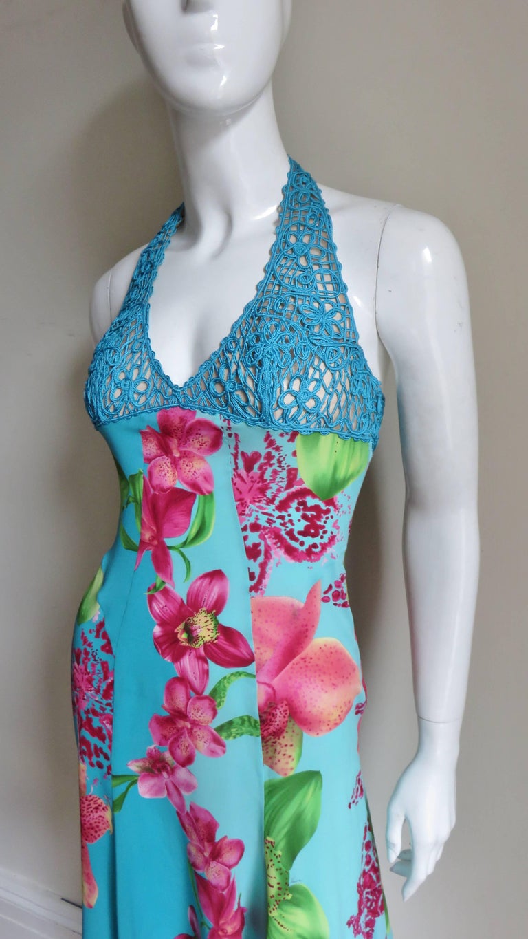 Blue Versace Silk Halter Dress with Embroidery For Sale