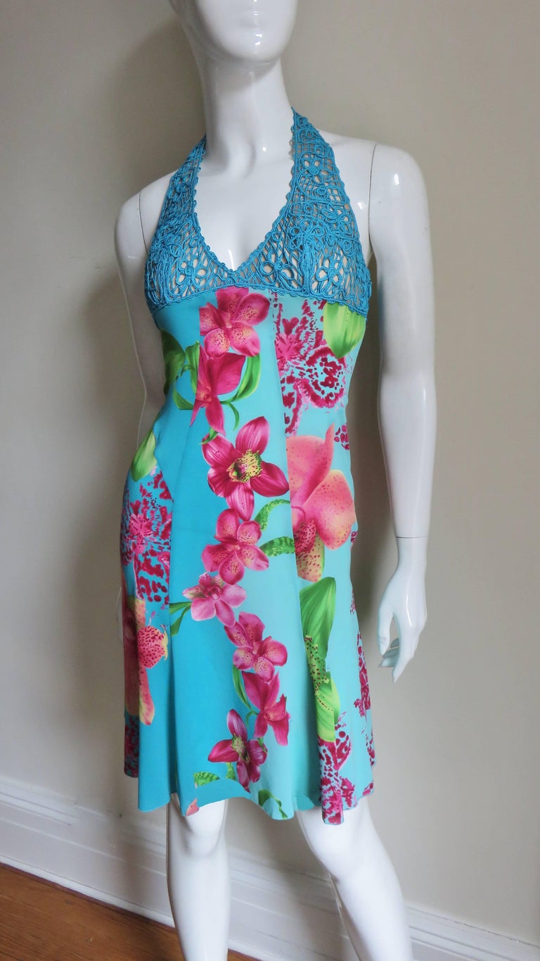 Versace Silk Halter Dress with Embroidery For Sale 1