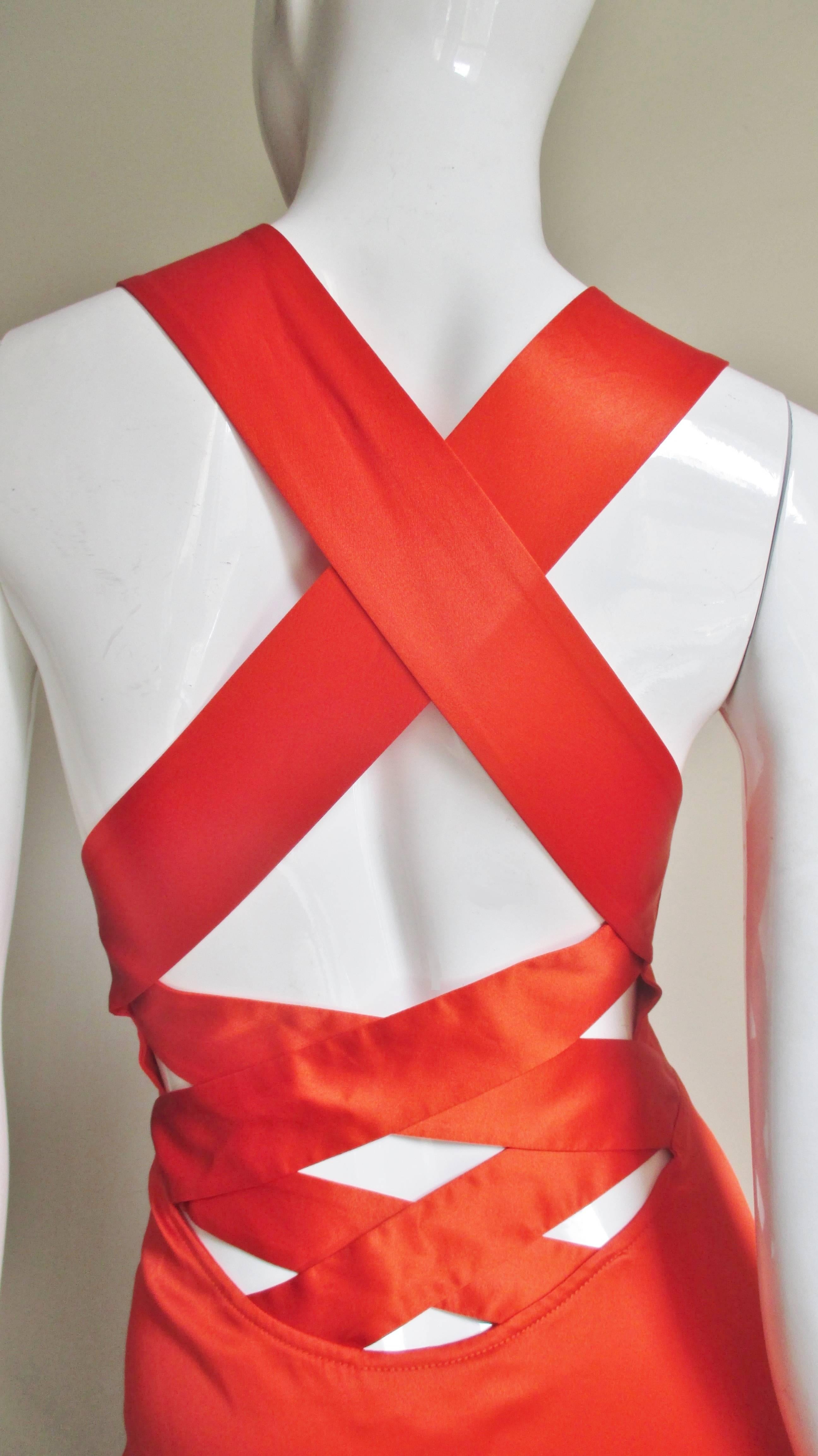 Red 1990s Versace Bodycon Plunge Front Cross Back Dress