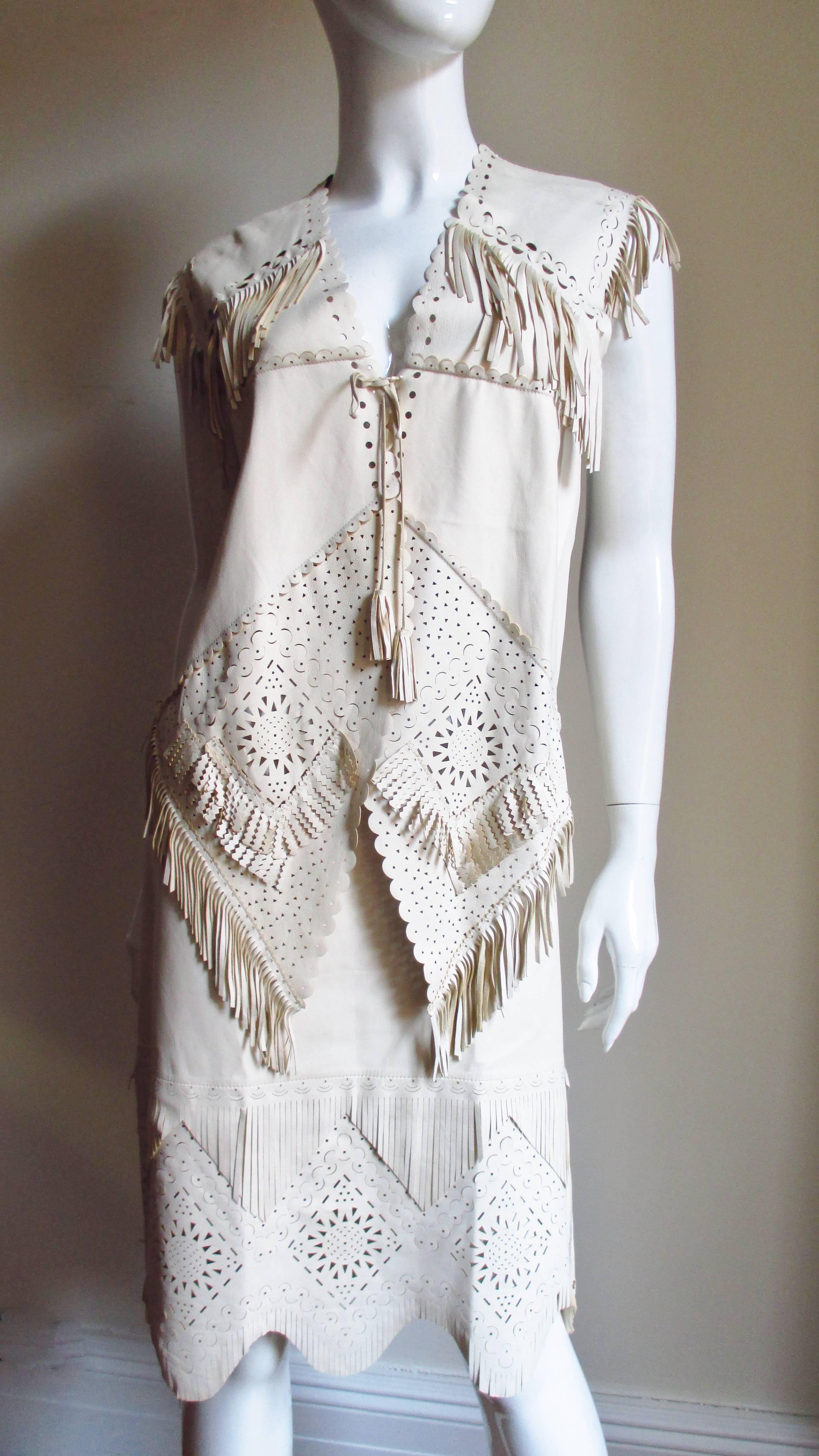 1990s Jean Paul Gaultier Leather Fringe Top and Skirt In Good Condition In Water Mill, NY