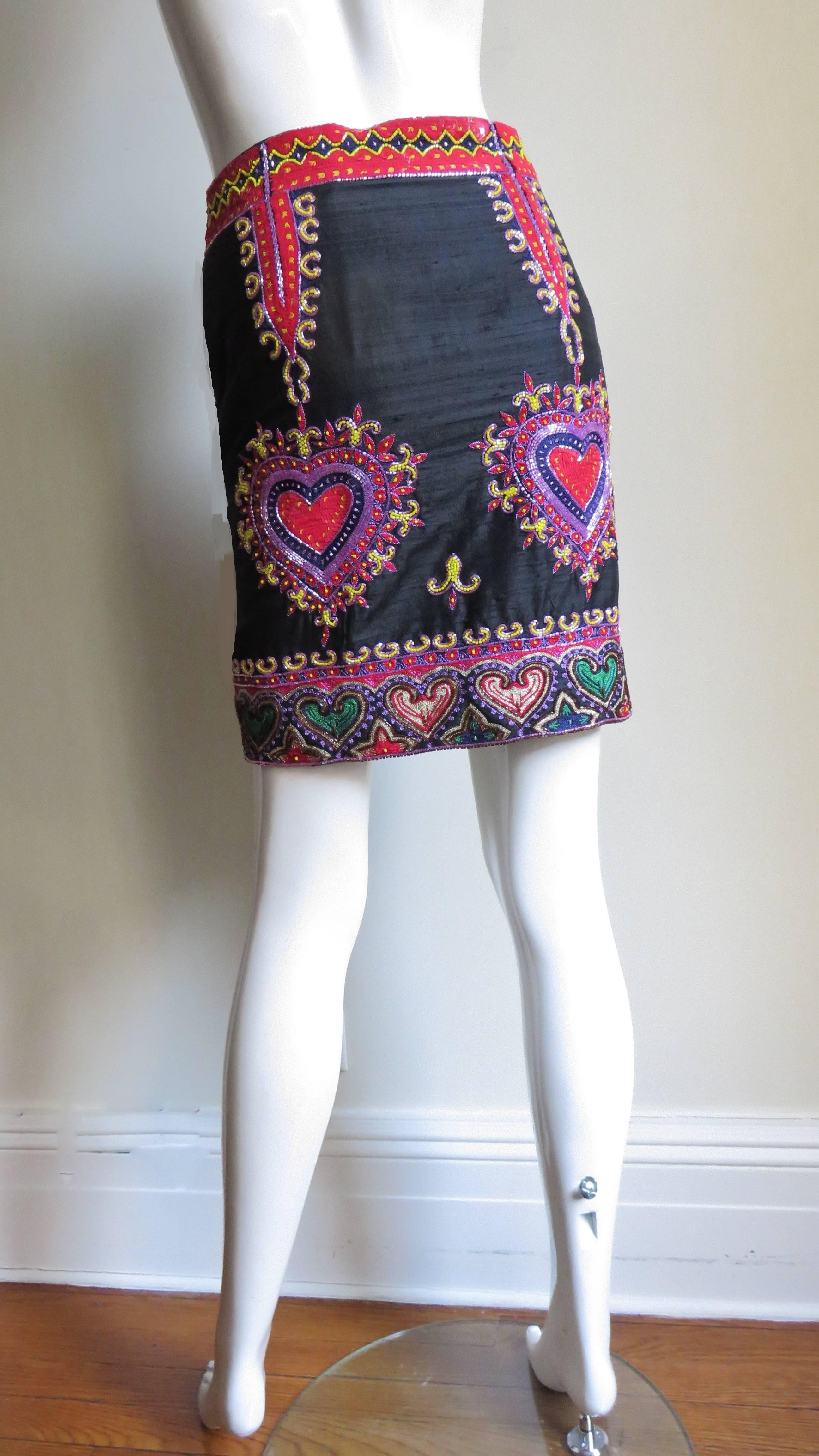  Todd Odham Heart Embroidered Silk Skirt with Beading 1980s In Good Condition For Sale In Water Mill, NY