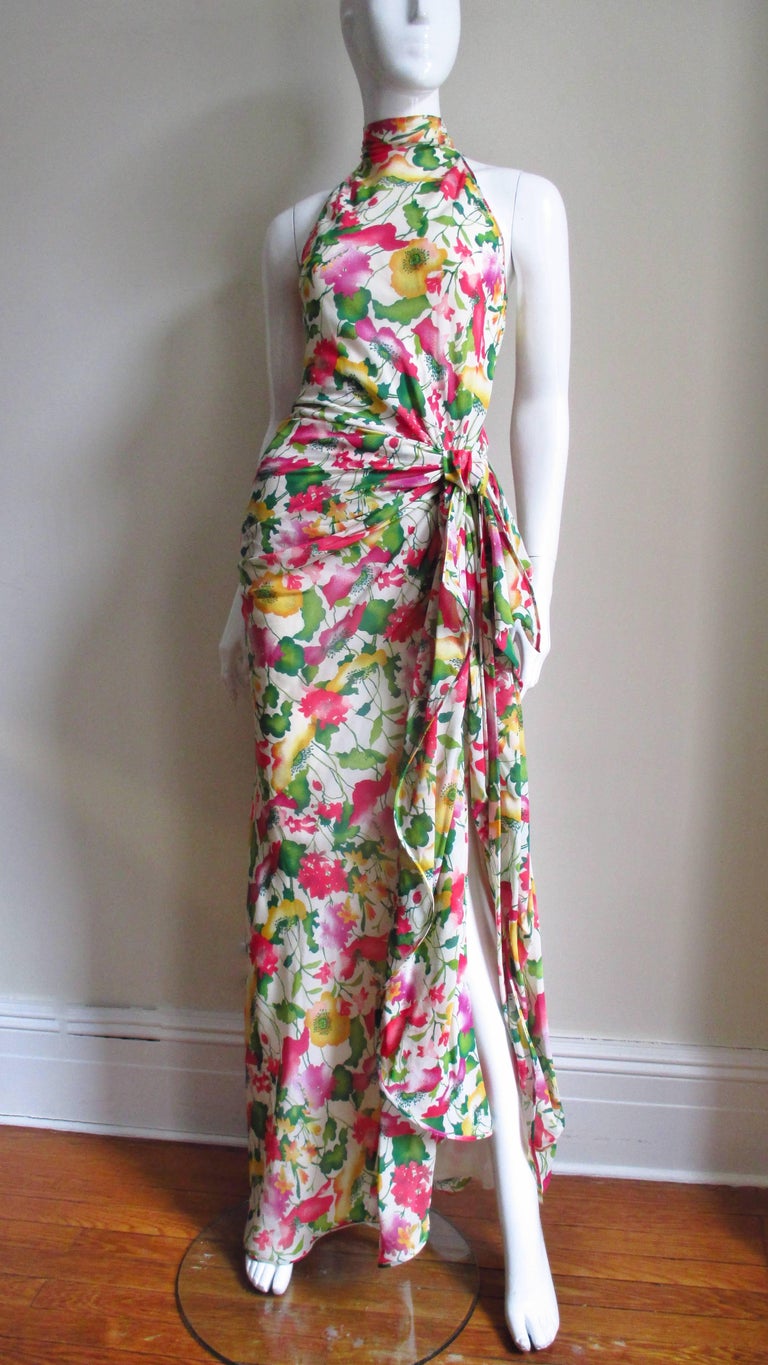 1980s Valentino Boutique Silk Flower Maxi Dress For Sale at 1stdibs