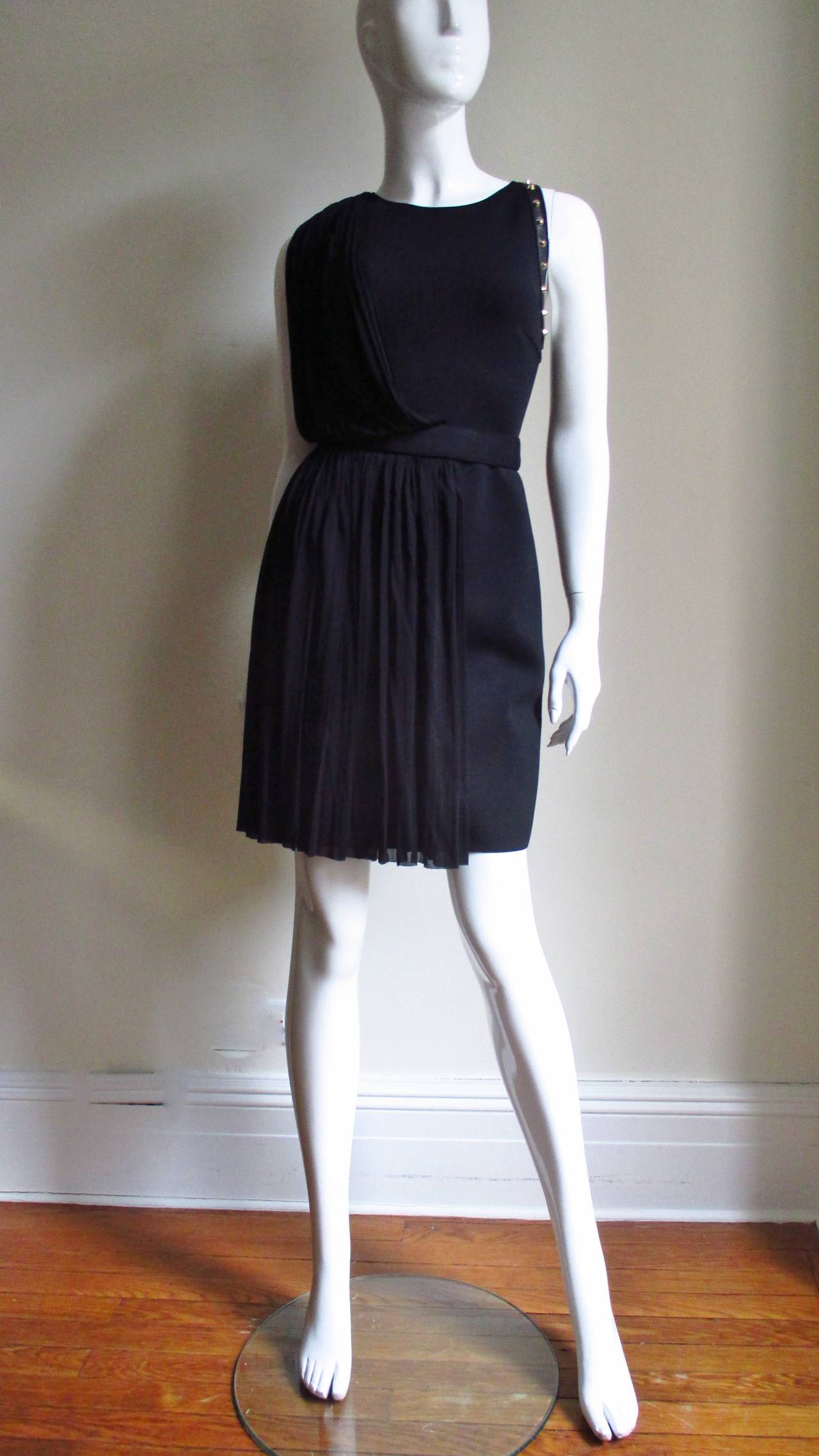 Versace Silk Draped Dress with Leather and Stud Trim In Excellent Condition For Sale In Water Mill, NY