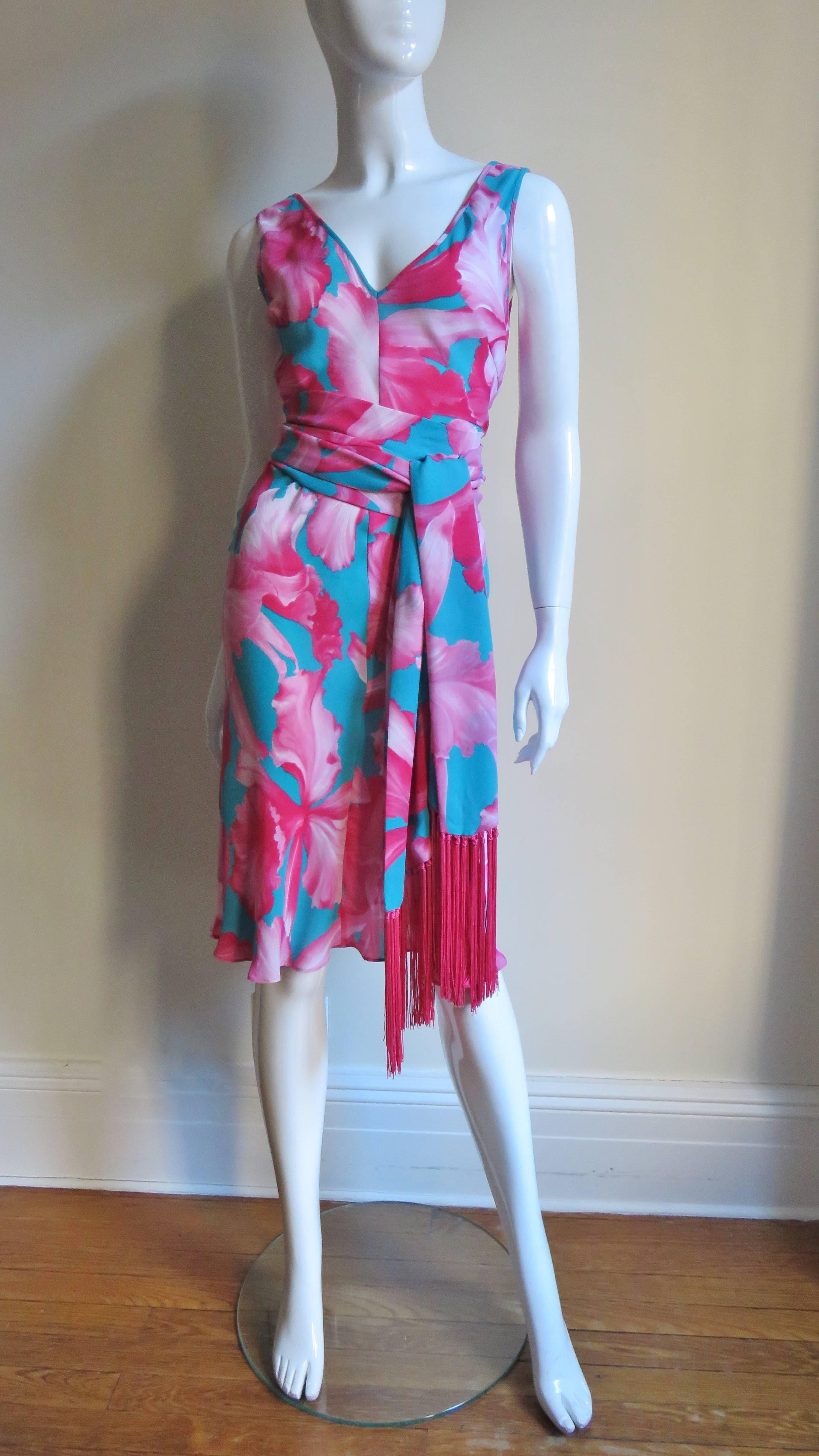 Celine Flower Print Silk Dress with Fringe Wrap In Excellent Condition For Sale In Water Mill, NY