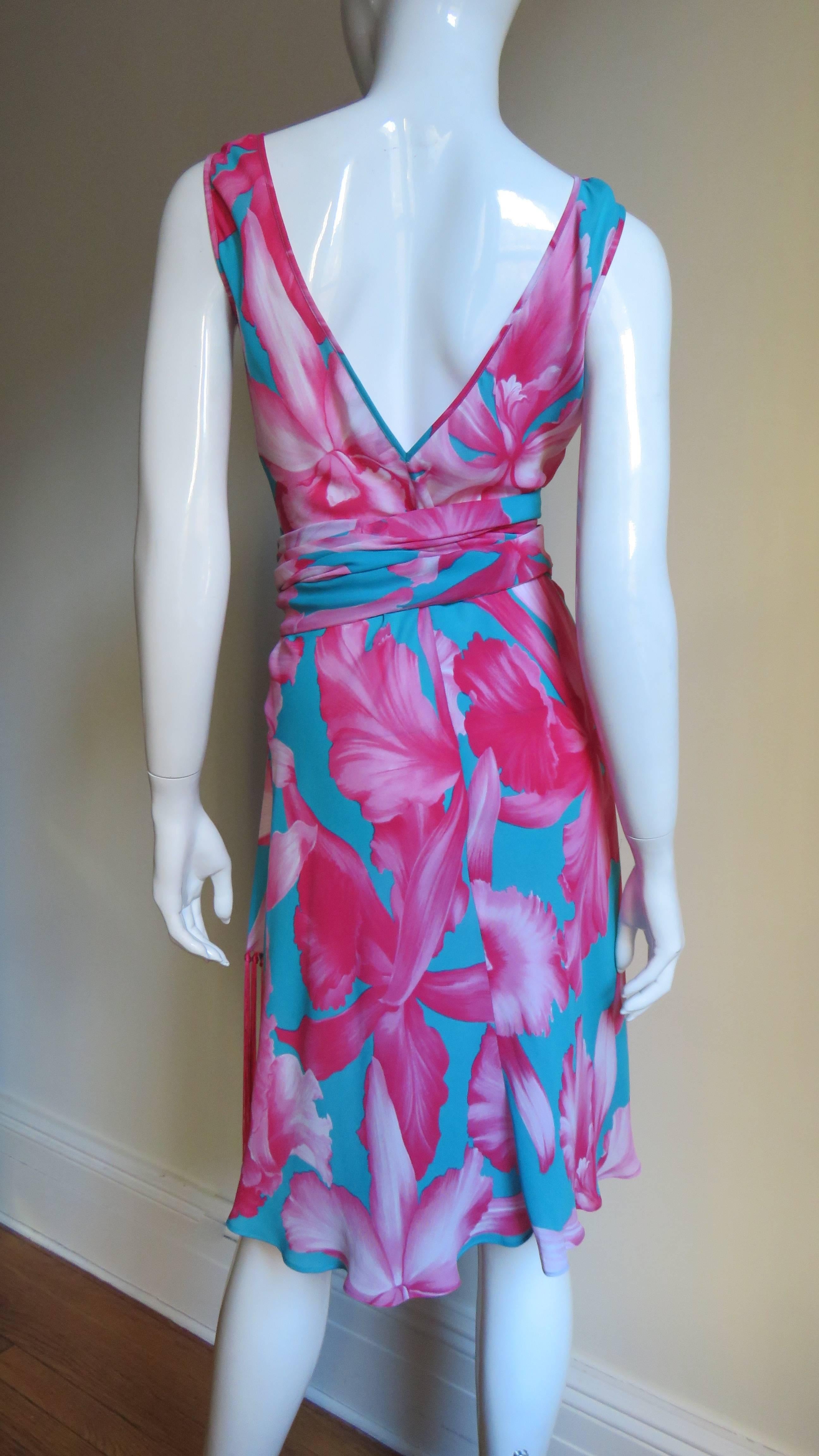 Women's  Celine Flower Print Silk Dress with Fringe Wrap For Sale