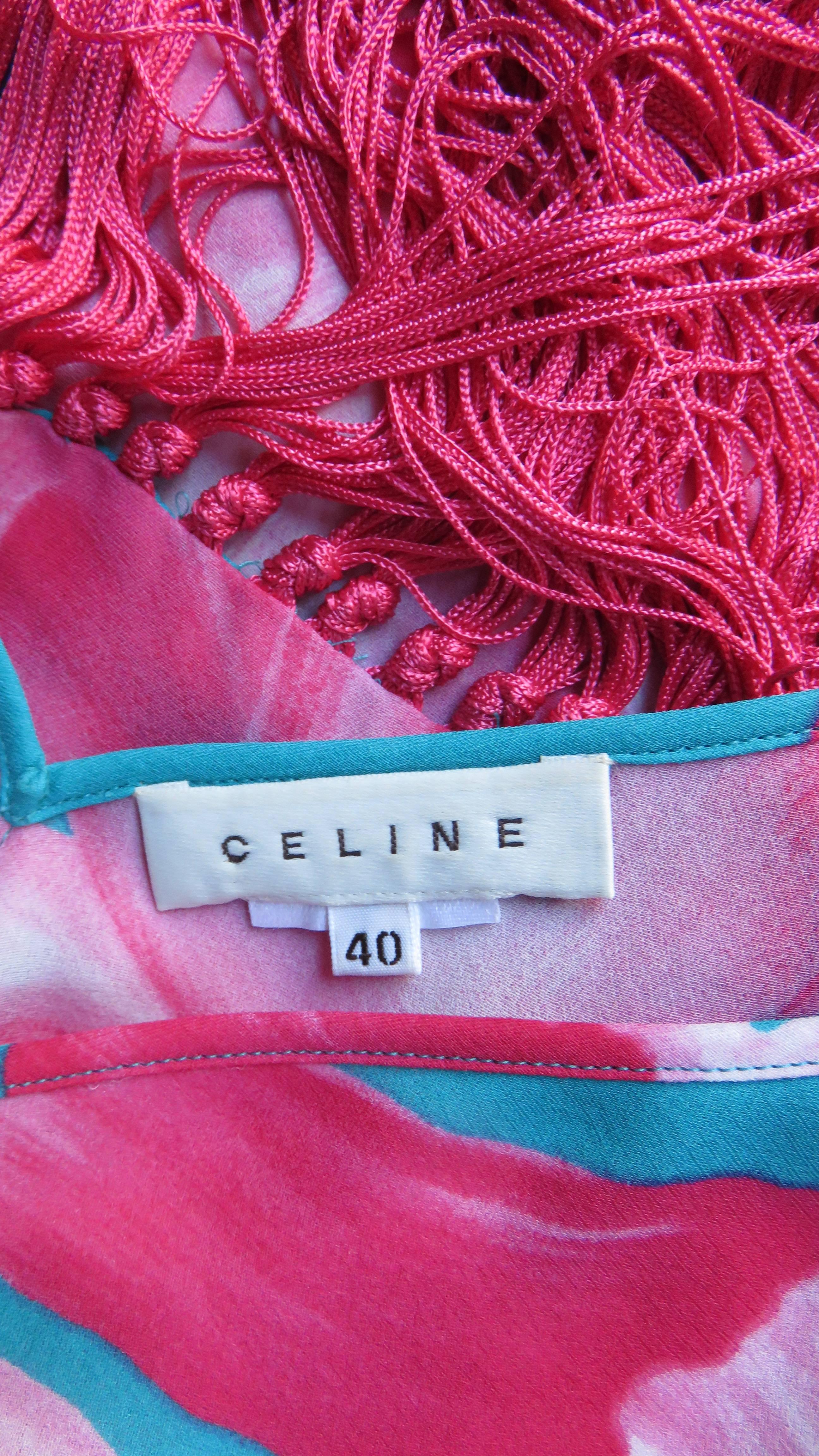  Celine Flower Print Silk Dress with Fringe Wrap For Sale 3