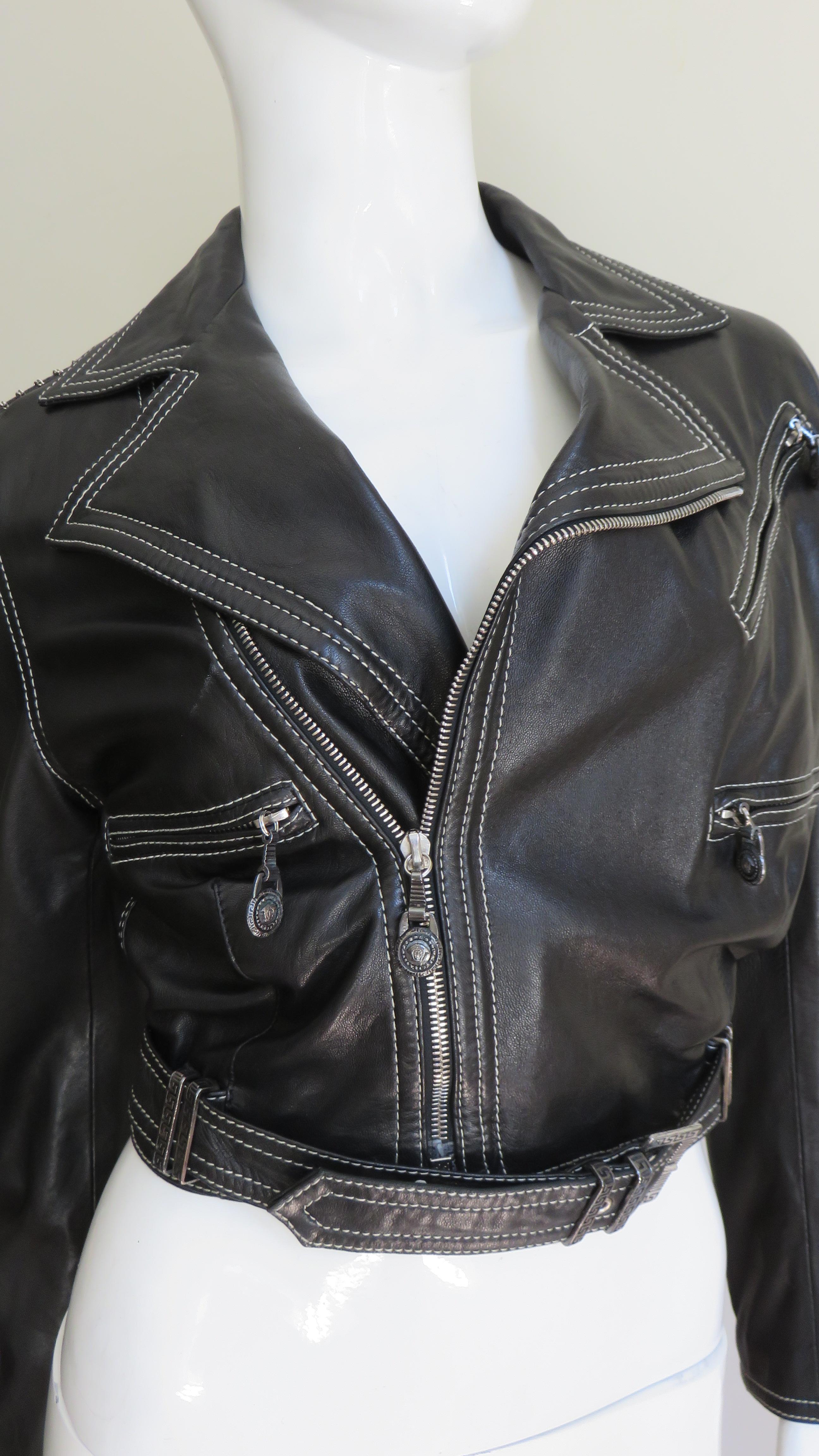 Black  Gianni Versace A/W 1992 Leather Motorcycle Jacket and Pants With Chain Trim  For Sale