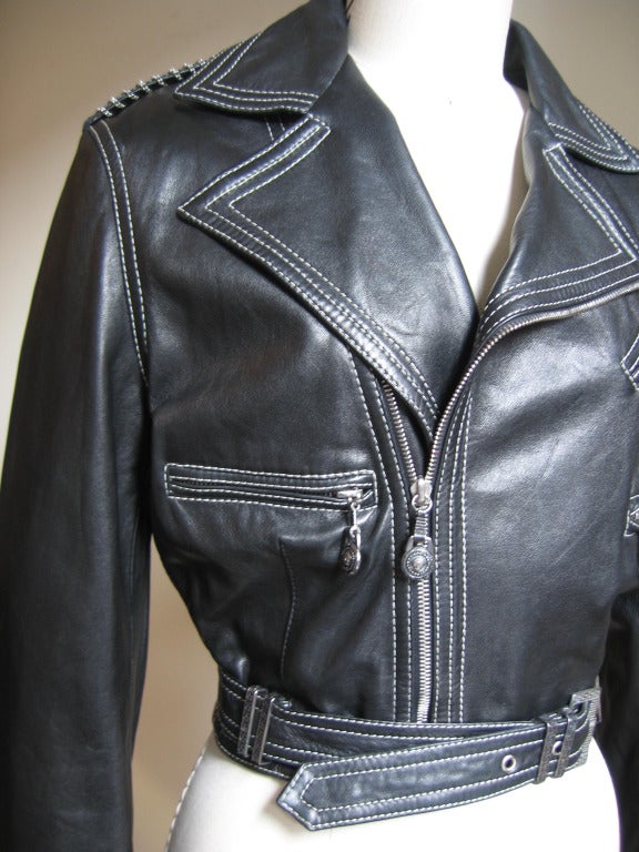 Women's  Gianni Versace A/W 1992 Leather Motorcycle Jacket and Pants With Chain Trim  For Sale