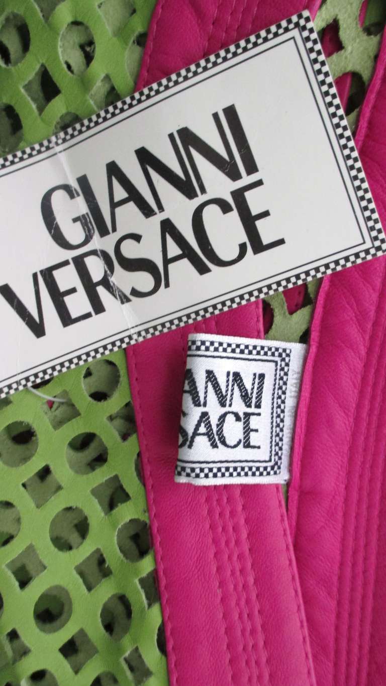  Gianni Versace New Perforated Leather Color Block Mini Skirt 1990s For Sale 5