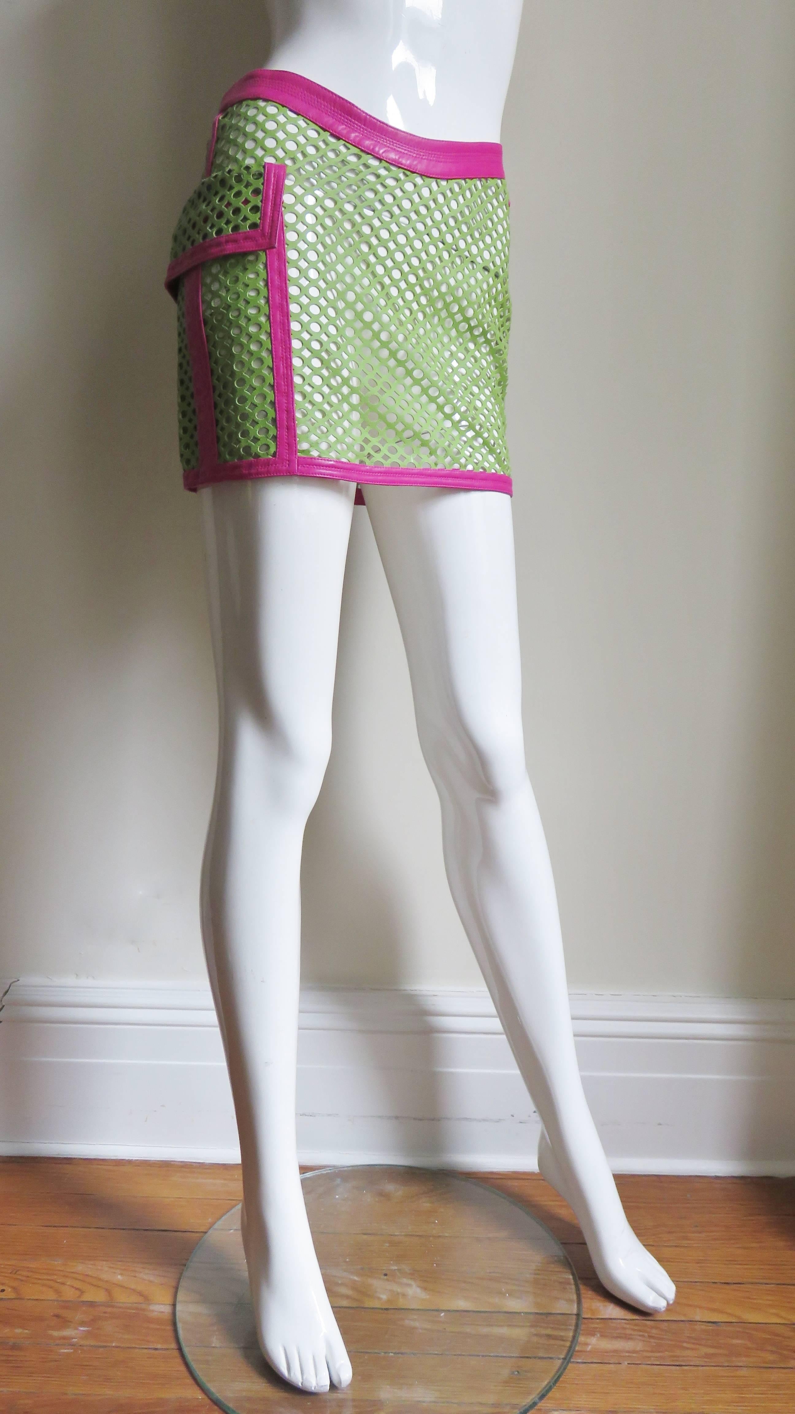  Gianni Versace New Perforated Leather Color Block Mini Skirt 1990s In Excellent Condition For Sale In Water Mill, NY