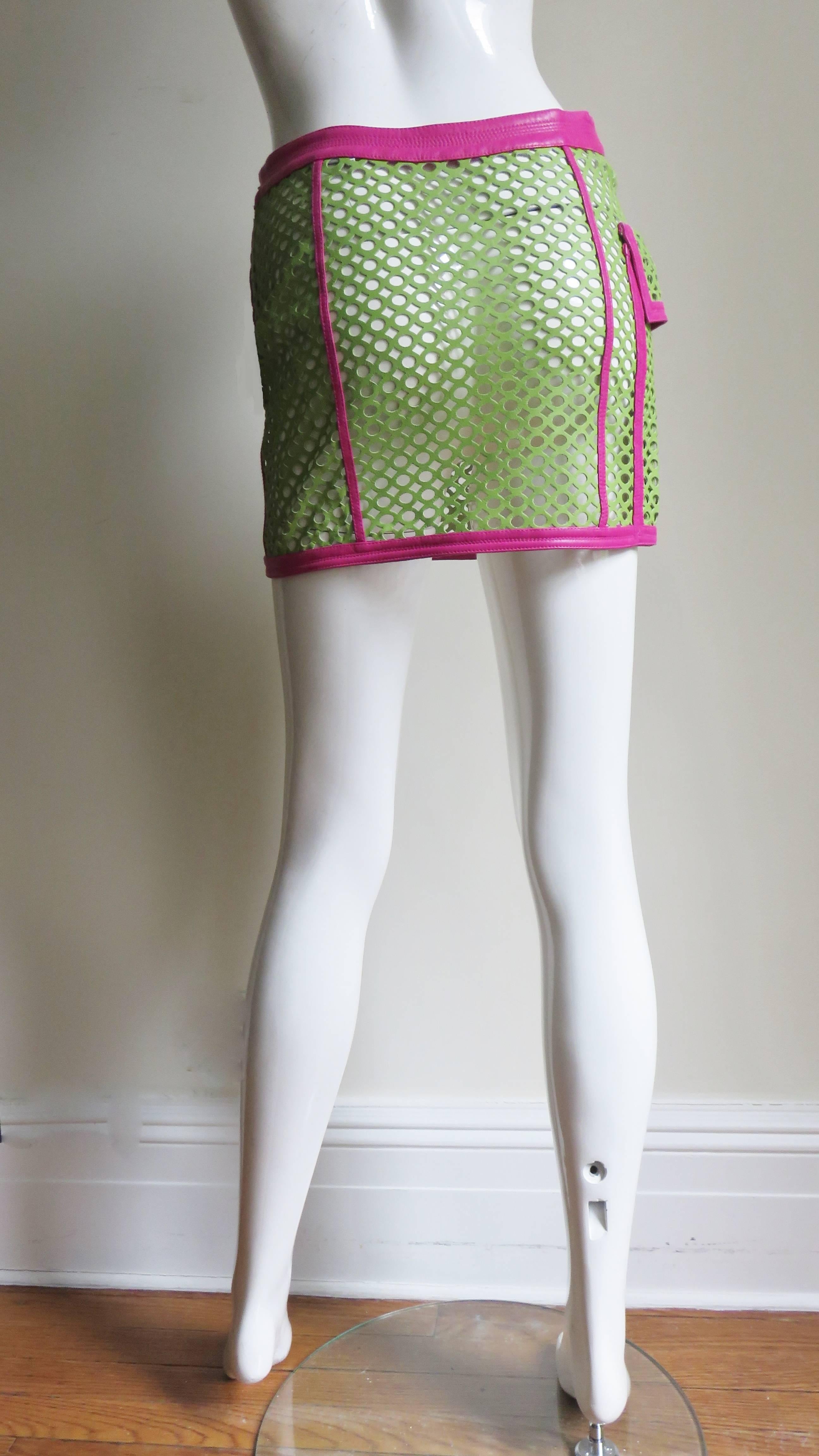  Gianni Versace New Perforated Leather Color Block Mini Skirt 1990s For Sale 3