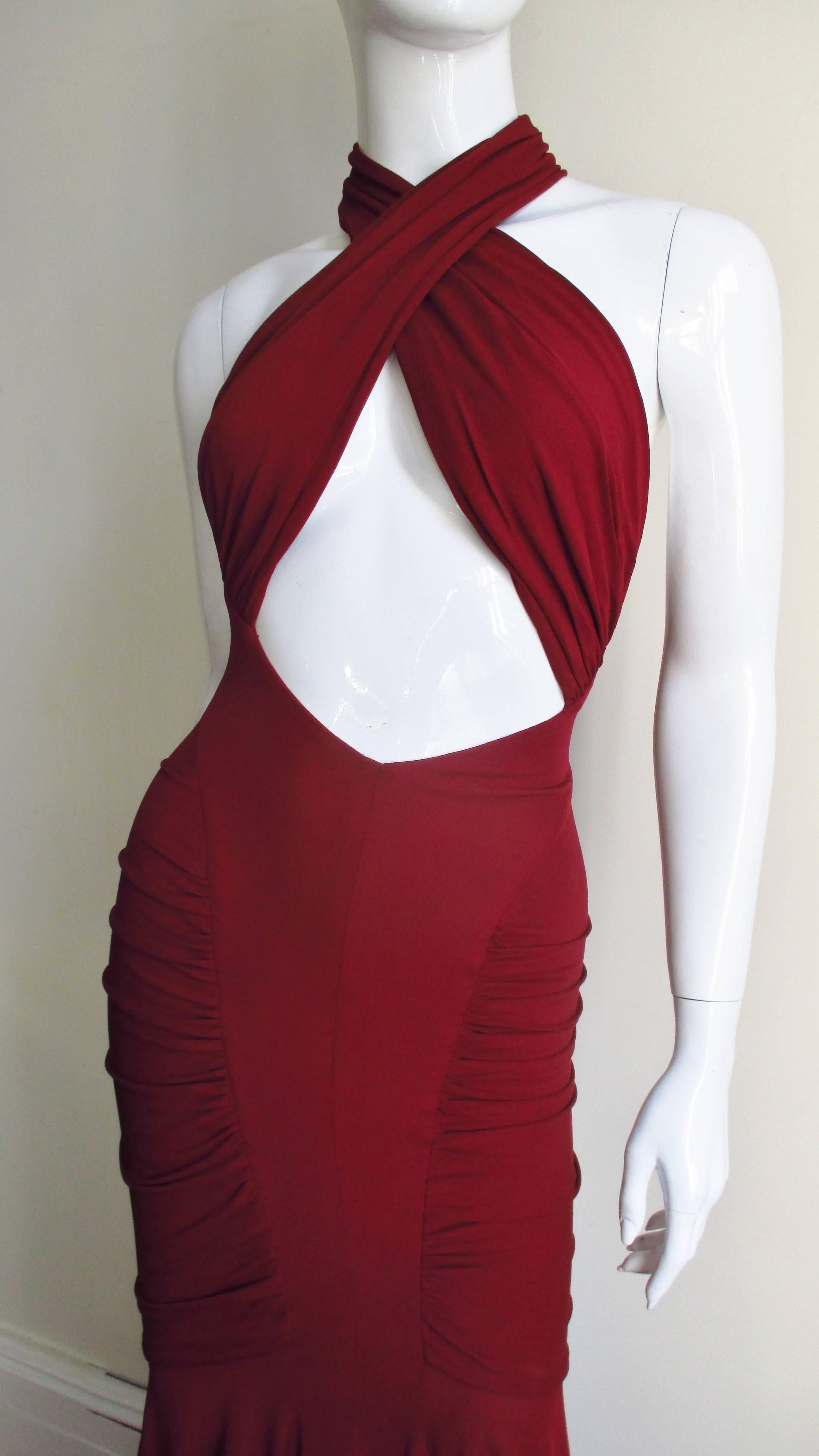 Red 2004 Herve Leger for Guy Laroche Bodycon Cutout Gown