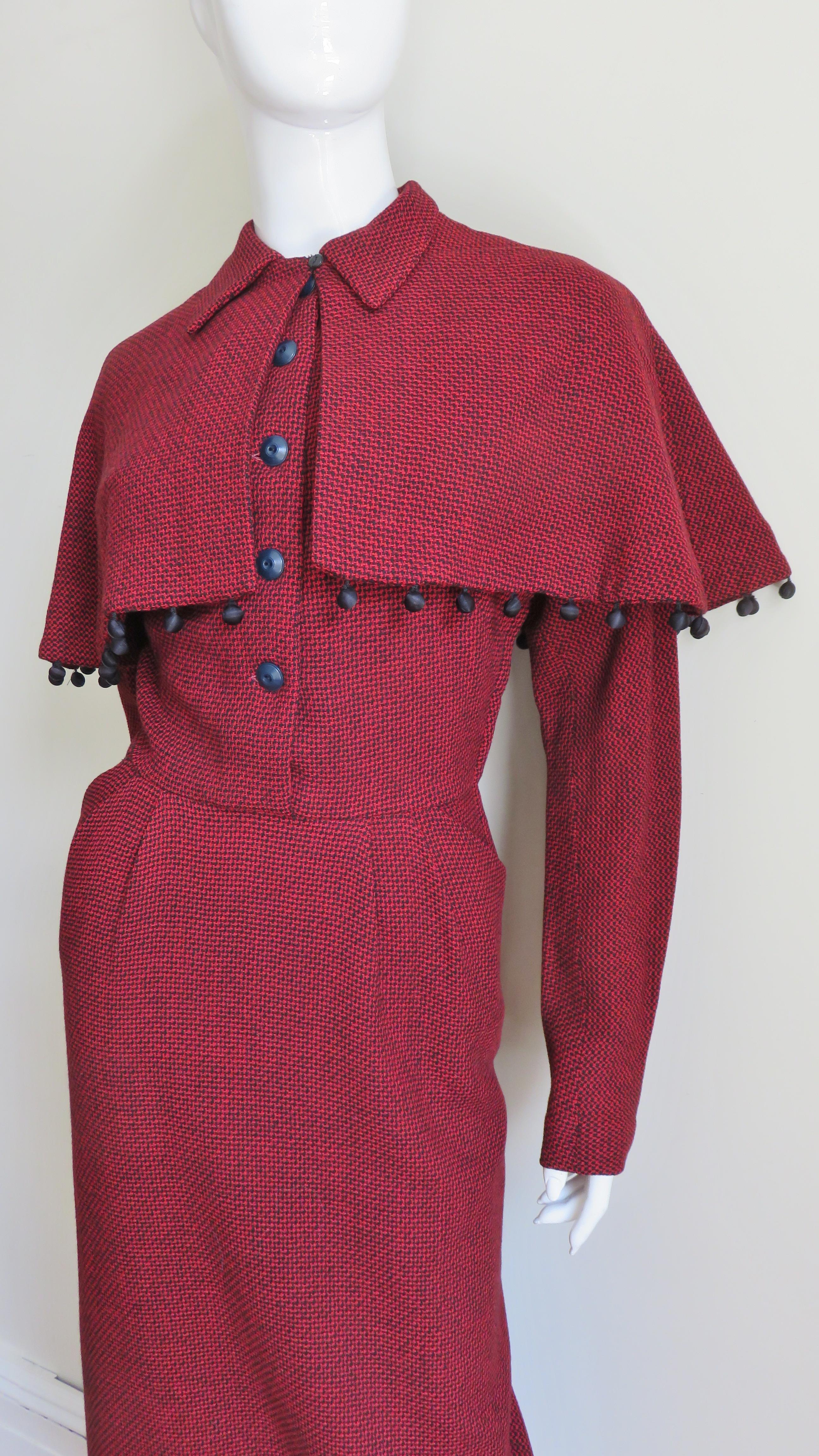 Red 1950s Dress with Detachable Cape