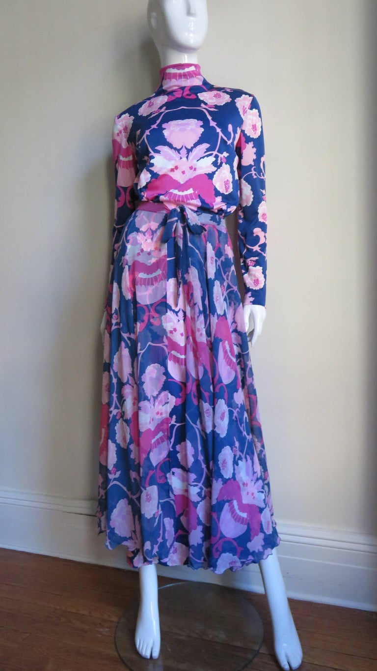 1970's La Mendola Maxi Dress and Silk Over Skirt For Sale at 1stdibs