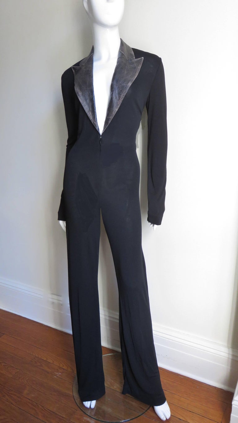 1990s Jean Paul Gaultier Leather Collar Plunge Jersey Jumpsuit For Sale